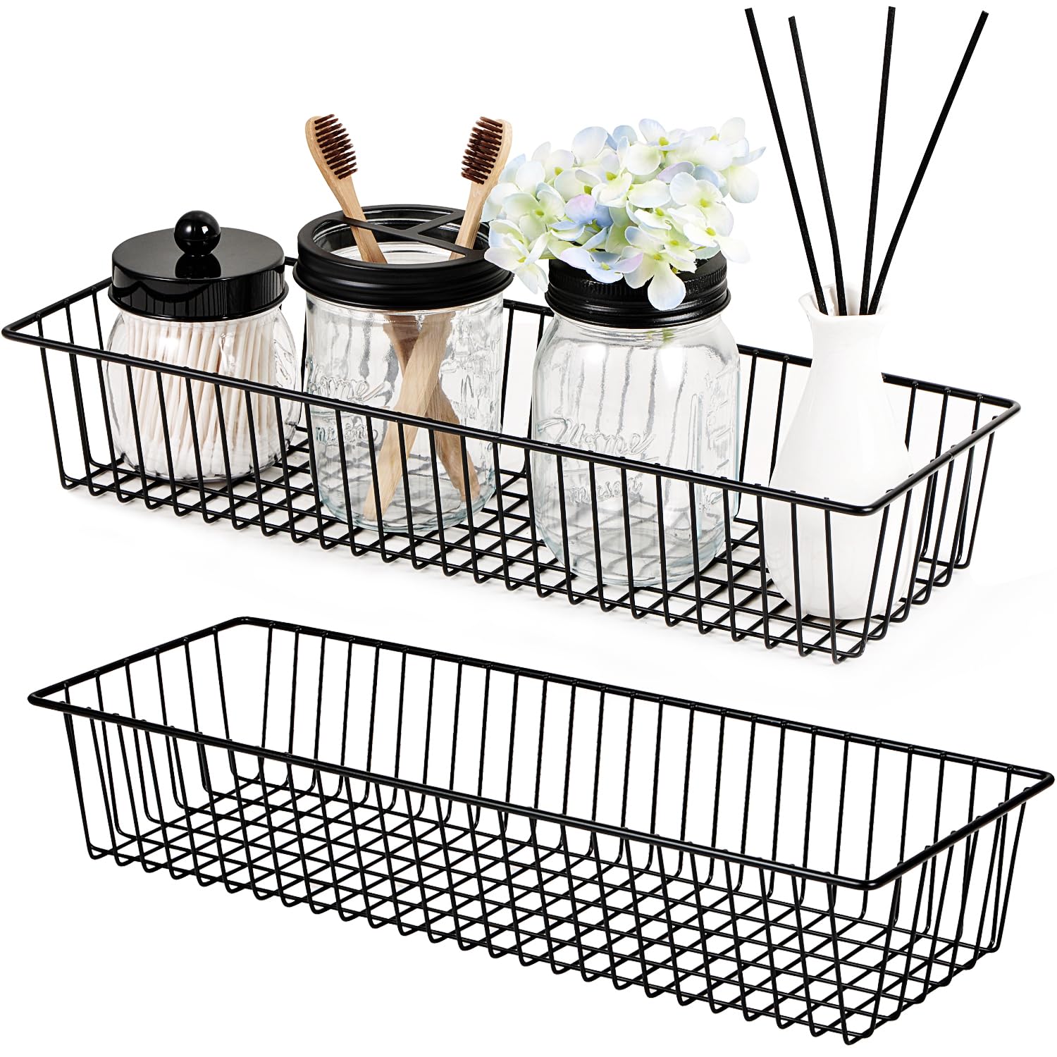Sheechung Farmhouse Decor Metal Wire Storage Organizer Bin Basket (2 Pack) - Rustic Toilet Paper Holder & Multi-Purpose Organizer for Bathroom, Kitchen, Pantry, Laundry, Closet & Garage - Perfect for Home Organization & Space Saving (Black)