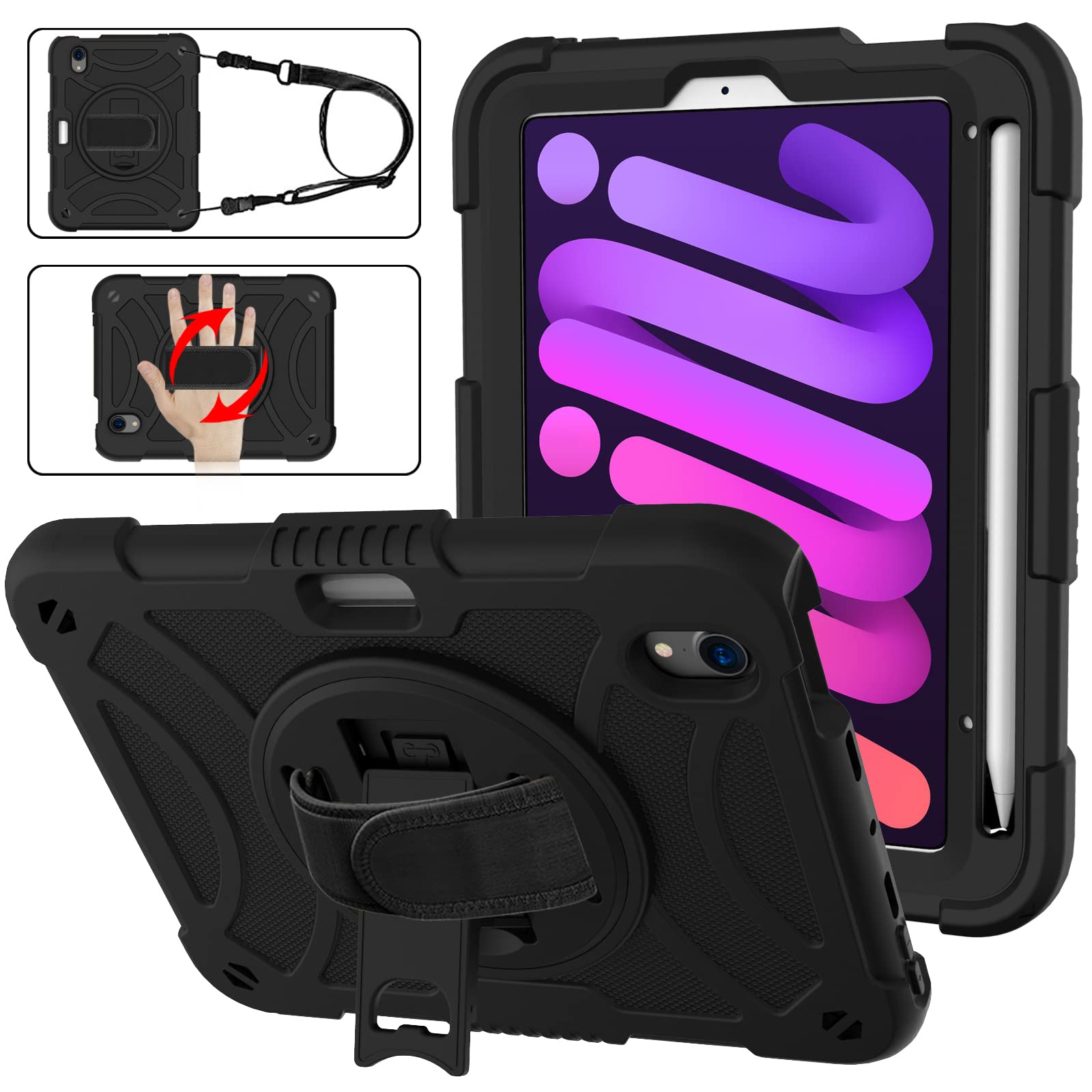 HAIKEDZ Protective Case for iPad Mini 6 (8.3 inch 2021 Model) with Apple Pencil Holder, 360° Rotating Stand & Adjustable Shoulder Strap - Shockproof Drop Protection Cover for iPad Mini 6th Generation - Perfect for Travel, Work & School (Black)