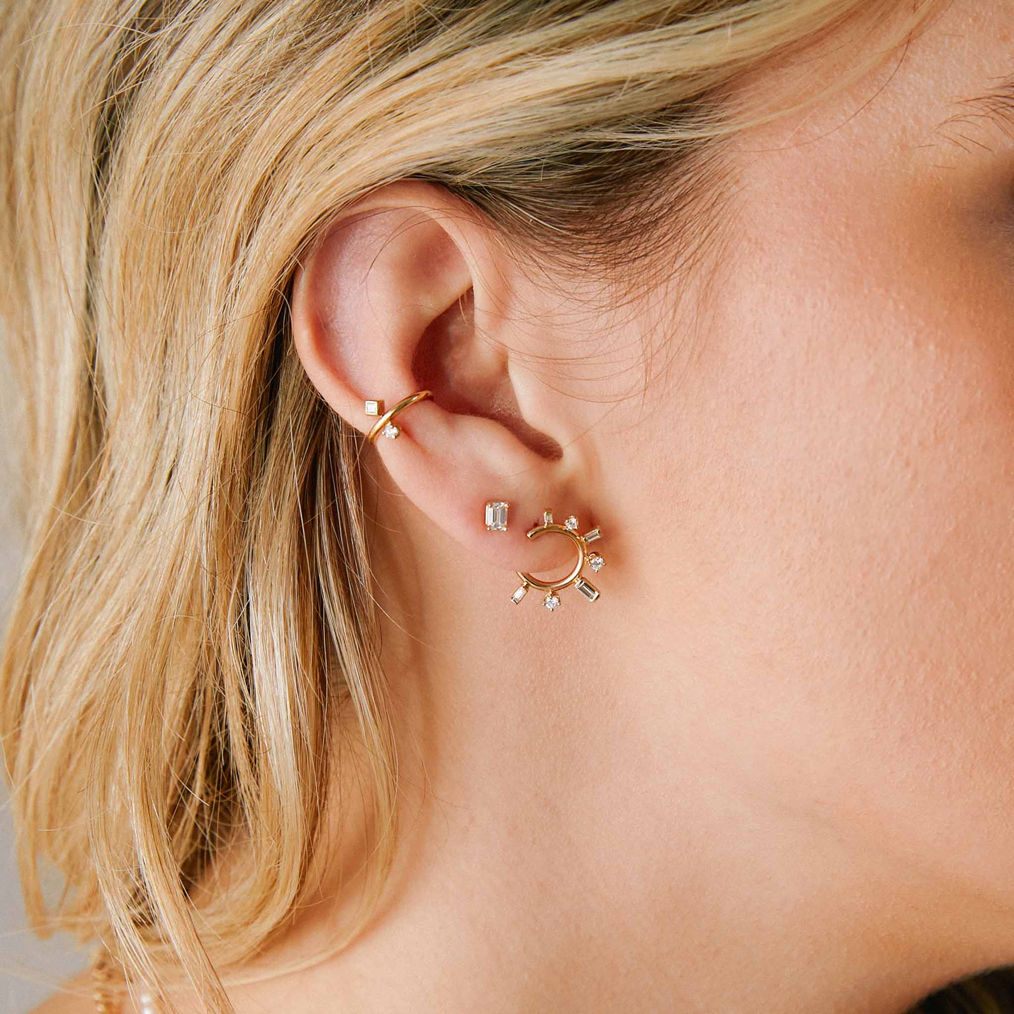 14K Gold Baguette & Prong Diamond Front to Back Circle Hoop Earrings for Women - Elegant Everyday Jewelry & Special Occasion Gift