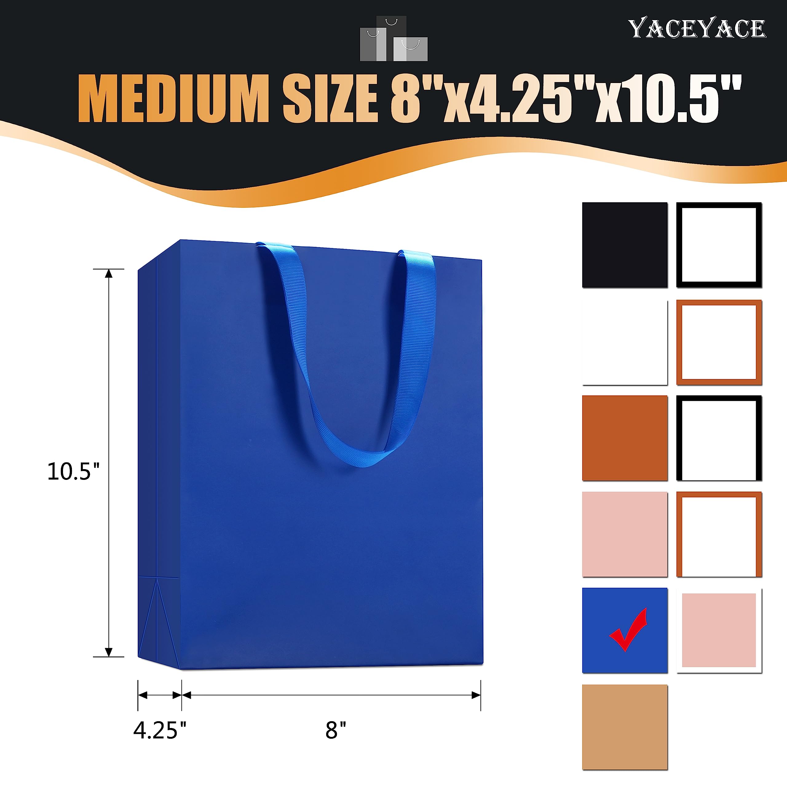 YACEYACE 20PCS Blue Gift Bags Bulk - 8x4.25x10.5 Inch Medium Paper Gift Bags with Ribbon Handles for Wedding, Birthday, Party Favors, Retail & Boutique | Elegant Gift Wrapping for Special Occasions
