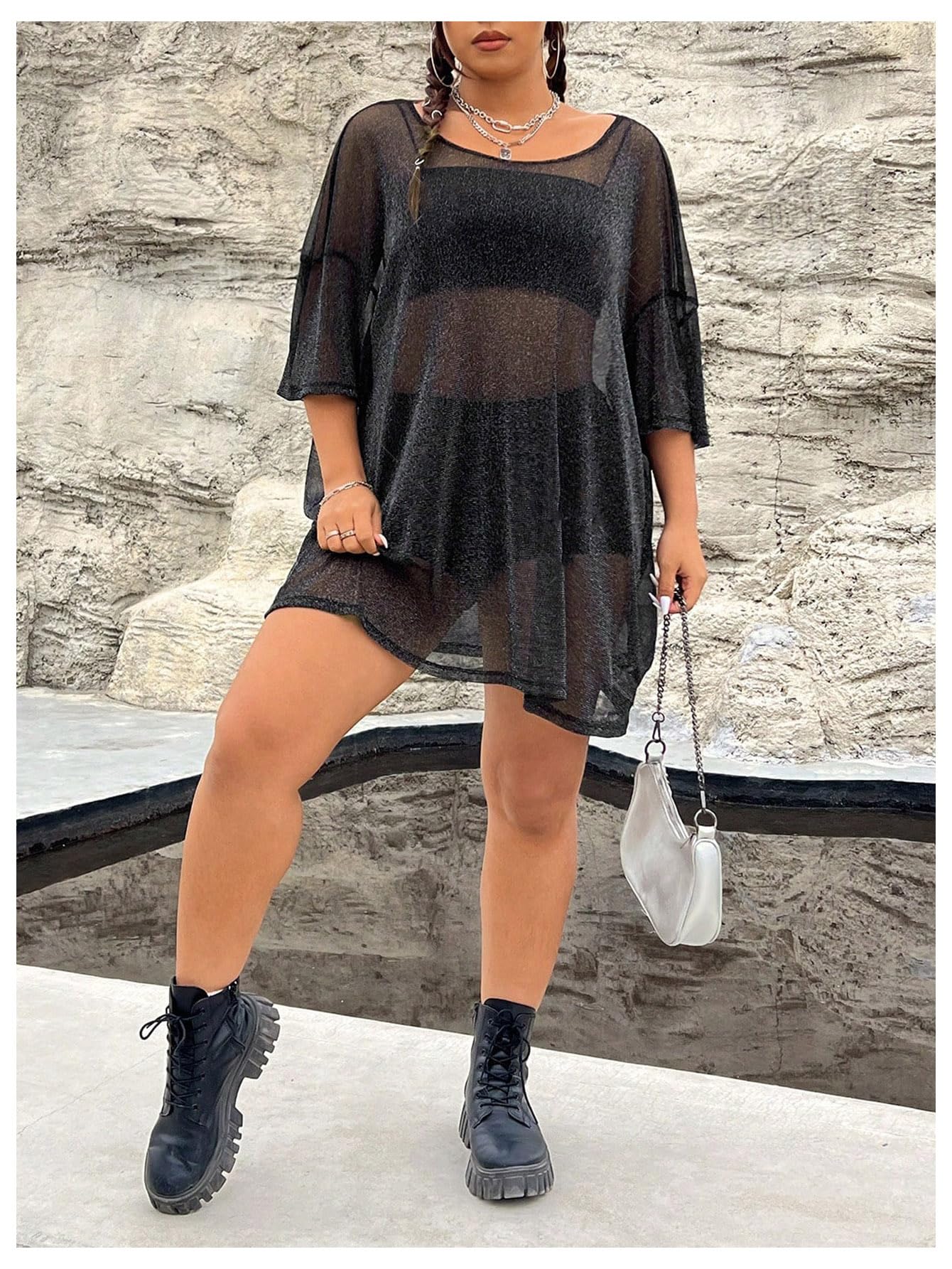 WDIRARA Women's Plus Size Sparkle Mesh Y2K Tee Top - Loose Drop Shoulder Party Club T-Shirt for Casual Wear, Night Out & Festive Occasions