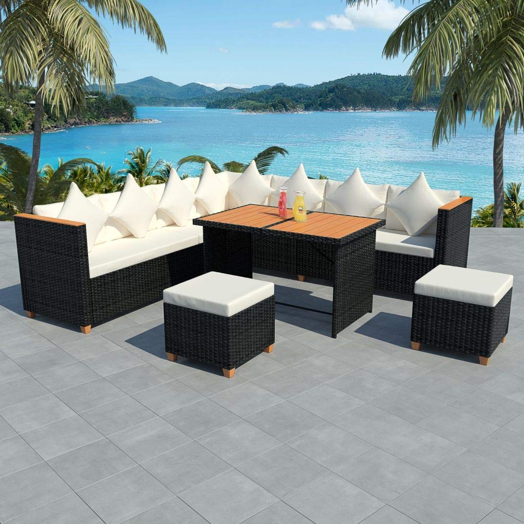 7-Piece PE Rattan Garden Lounge Set with Cushions & Coffee Table - Outdoor Patio Furniture Sectional Sofa for Backyard, Porch, Deck - Weather-Resistant Black Wicker Set for Relaxing & Entertaining