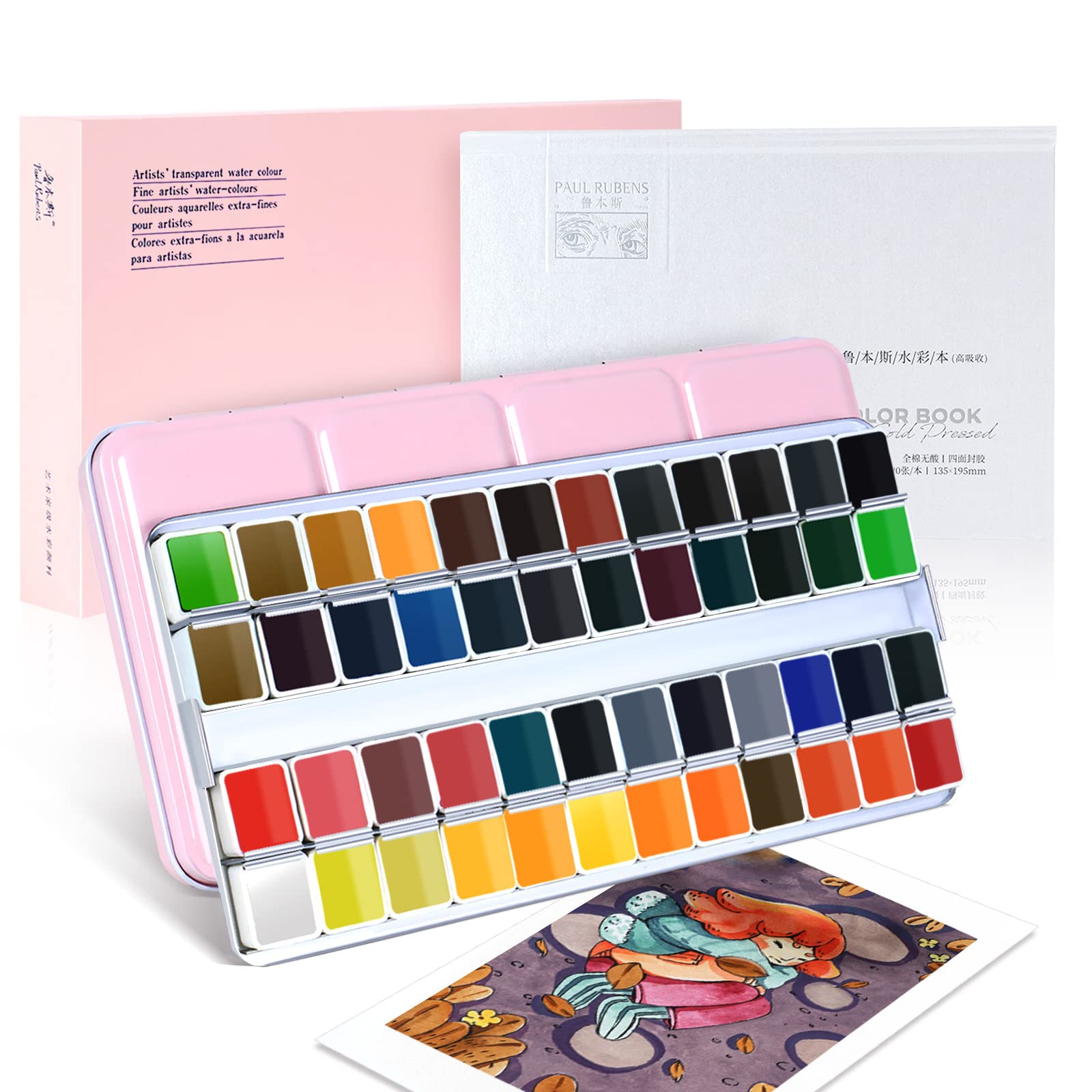 Paul Rubens Professional Watercolor Paint Set - 48 Vibrant Colors, Solid Cakes with Palette & 100% Cotton Hot Press Watercolor Paper Block | Perfect for Artists, Beginners, Students | Ideal for Sketching, Painting, Studio & Outdoor Art Projects