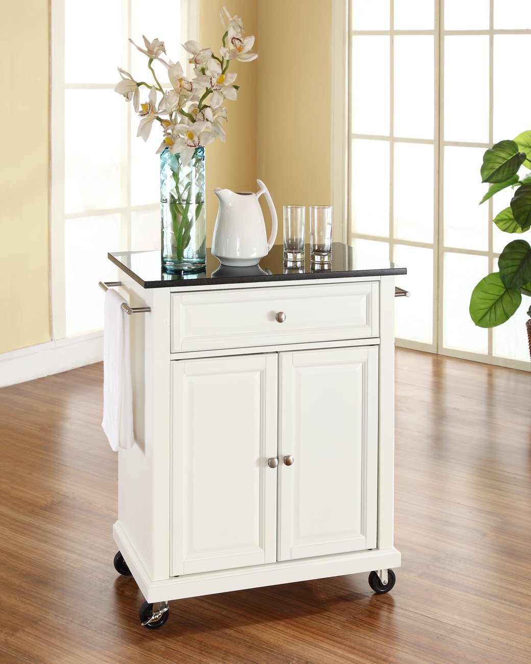 Crosley Compact Granite Top Rolling Cart with Shelves - White Microwave Stand with Towel Rack | Kitchen & Bathroom Storage Organizer for Small Spaces
