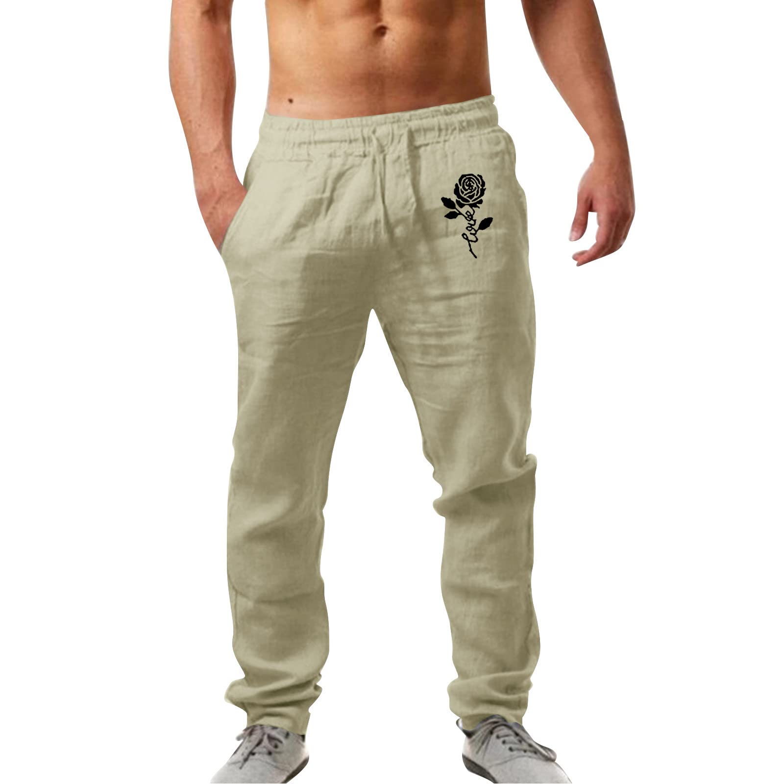 Men's Fashion Casual Printed Linen Cargo Pants with Tie Band & Pocket - Large Size Comfortable Lace-Up Trousers for Outdoor, Work, and Daily Wear
