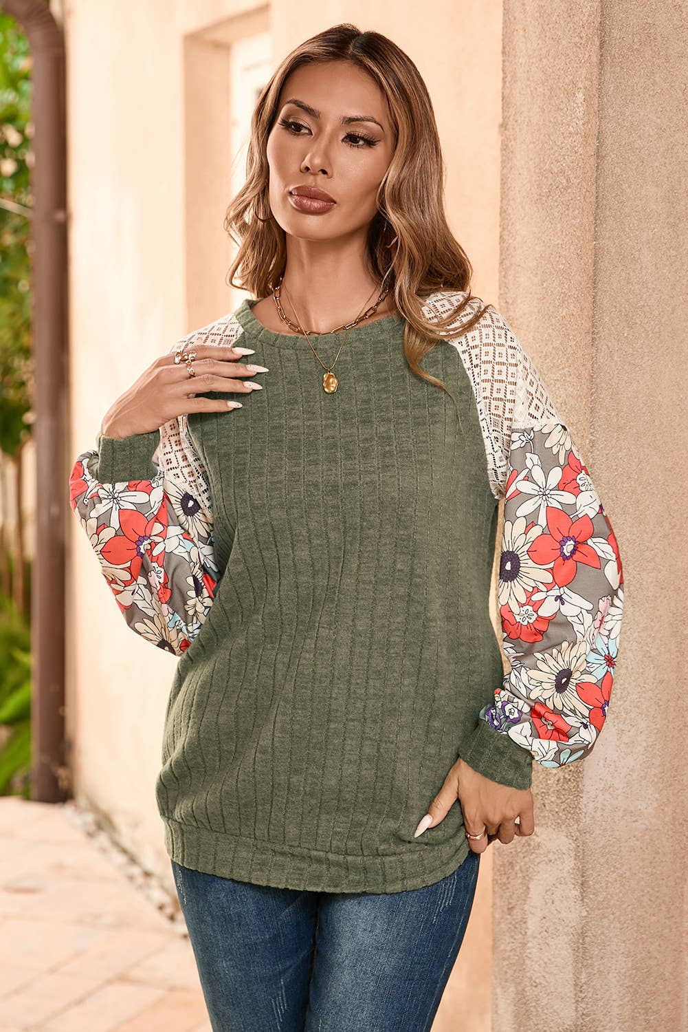 Ldc Floral Patchwork Long Sleeve Ribbed Blouse for Women - Laurel Green Plus Size 1X | Boho Chic Tunic Top for Casual Wear, Office Outfits & Date Nights