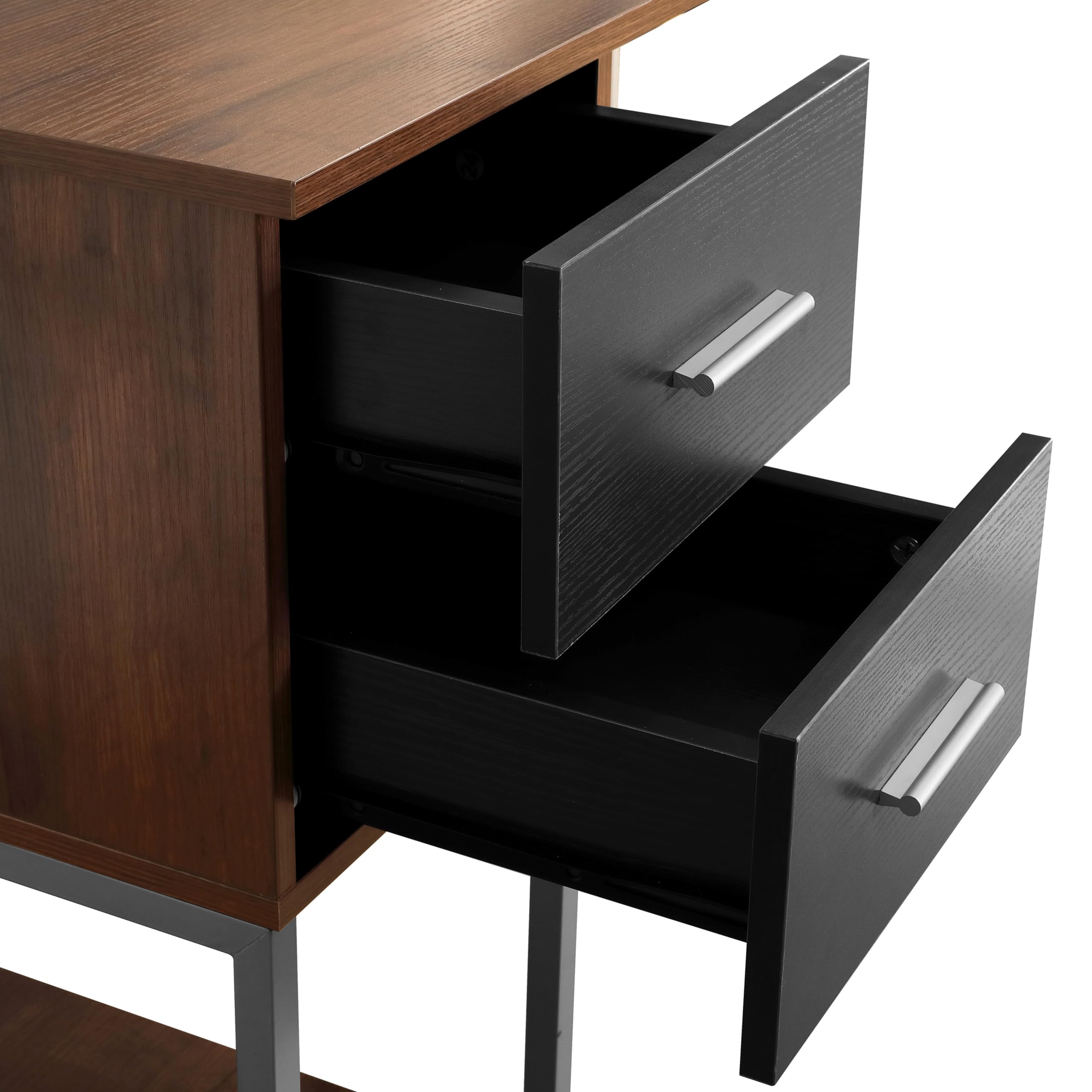 Techni Mobili L-Shaped Corner Computer Desk with Hutch, Storage Drawers & Open Shelf - Walnut Home Office Workstation for PC, Printer & Study Space