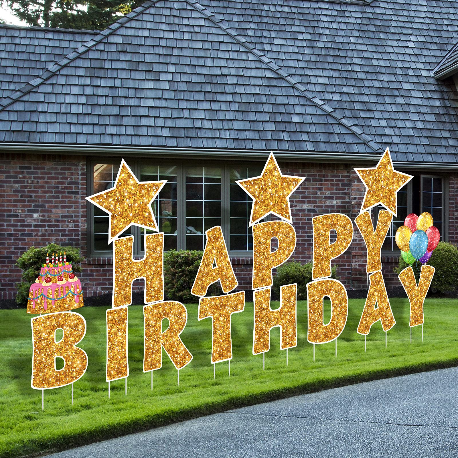 18-Piece Gold Glitter Happy Birthday Yard Signs with Stakes - Outdoor Lawn Decorations for Birthday Parties, Cake & Balloon Theme - Perfect for Backyard Celebrations, Front Yard Displays & Surprise Birthday Decor