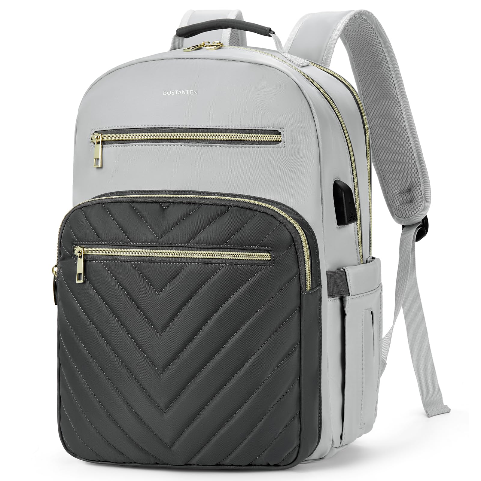 BOSTANTEN 15.6 Inch Women's Laptop Backpack - Stylish College Teacher Computer Bag with USB Charging Port, Travel Backpack Purse in Grey - Perfect for Work, School & Business Trips
