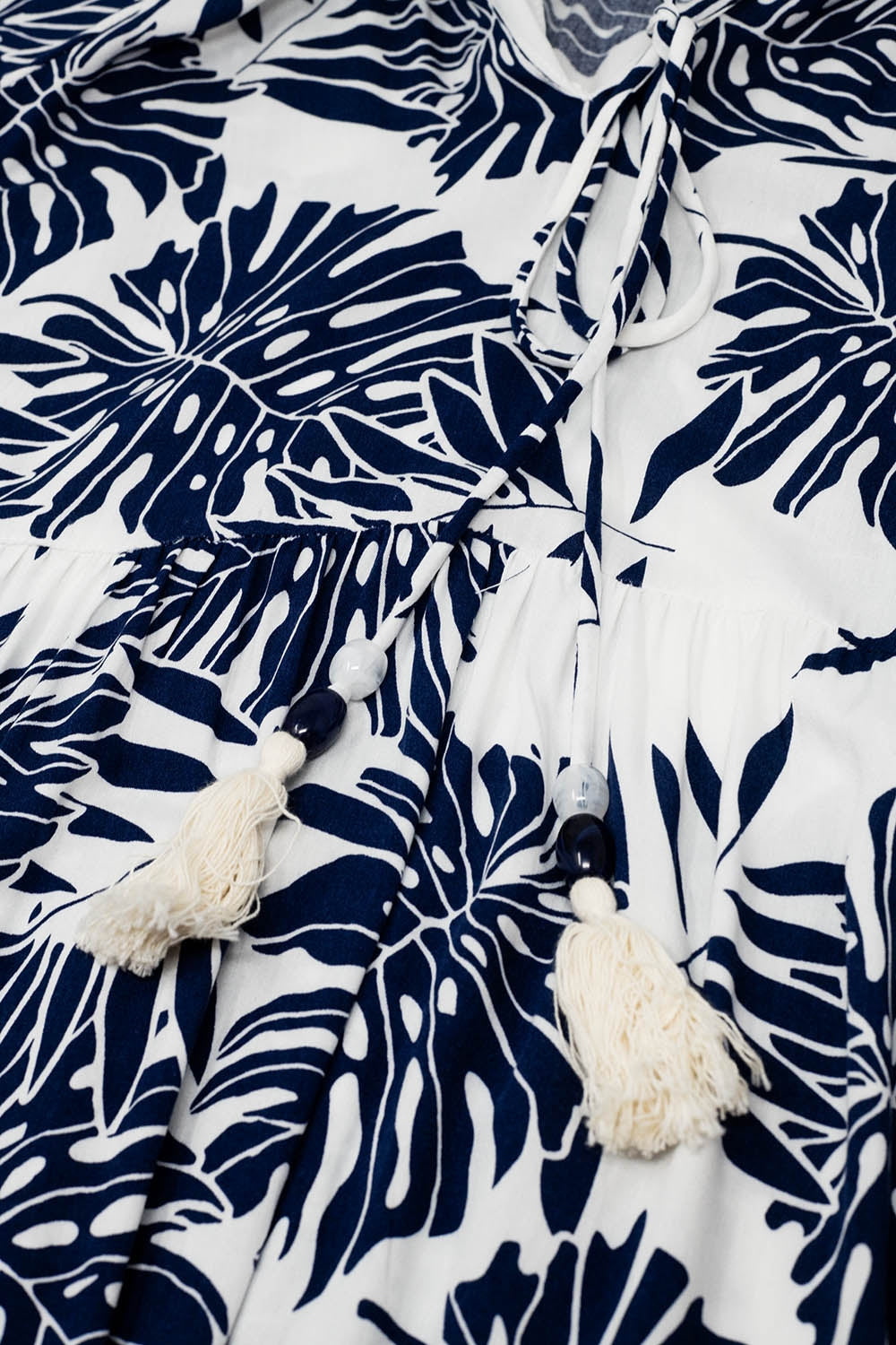 Boho Long Sleeve Balloon Robe with Dark Blue and White Leaf Print - Perfect for Beach Cover-Ups, Loungewear, and Boho Chic Outfits