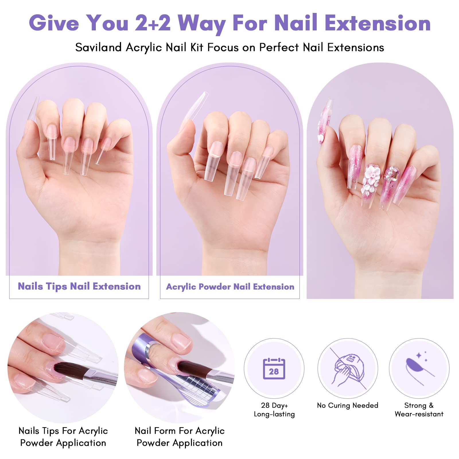 SAVILAND Acrylic Nail Kit with 100pcs Half Cover False Nail Tips - 3 Colors Acrylic Powder & Liquid Set, Acid-free Primer & Top Coat | Professional DIY Nail Art Extension Kit for Beginners | Perfect for Home Salon, Nail Practice & Party Manicures