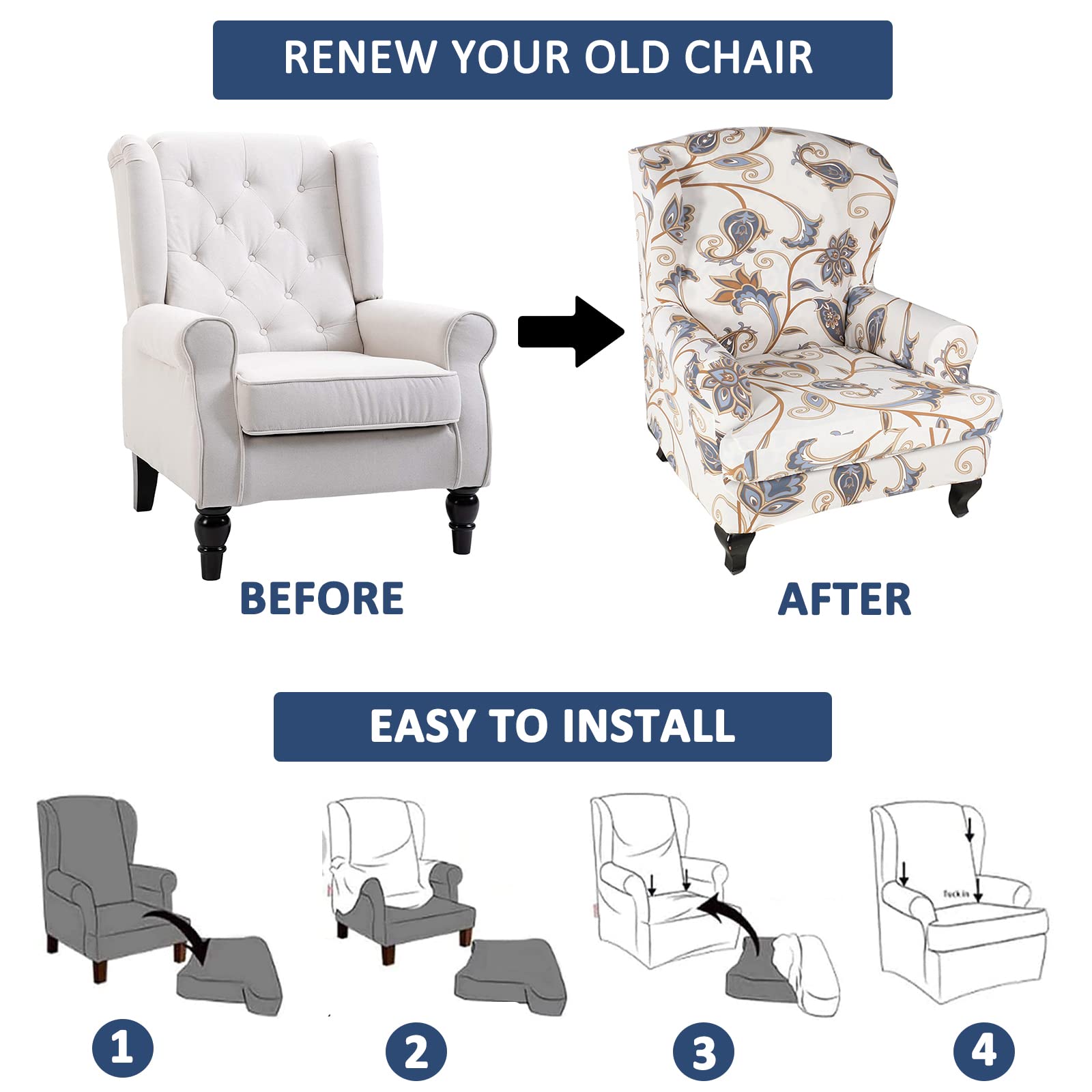 HAOYONG Printed Wing Chair Slipcovers - 2 Piece Stretch Washable Wingback Armchair Covers for Living Room & Bedroom | Perfect for Home Decor, Reading Nook & Cozy Relaxation