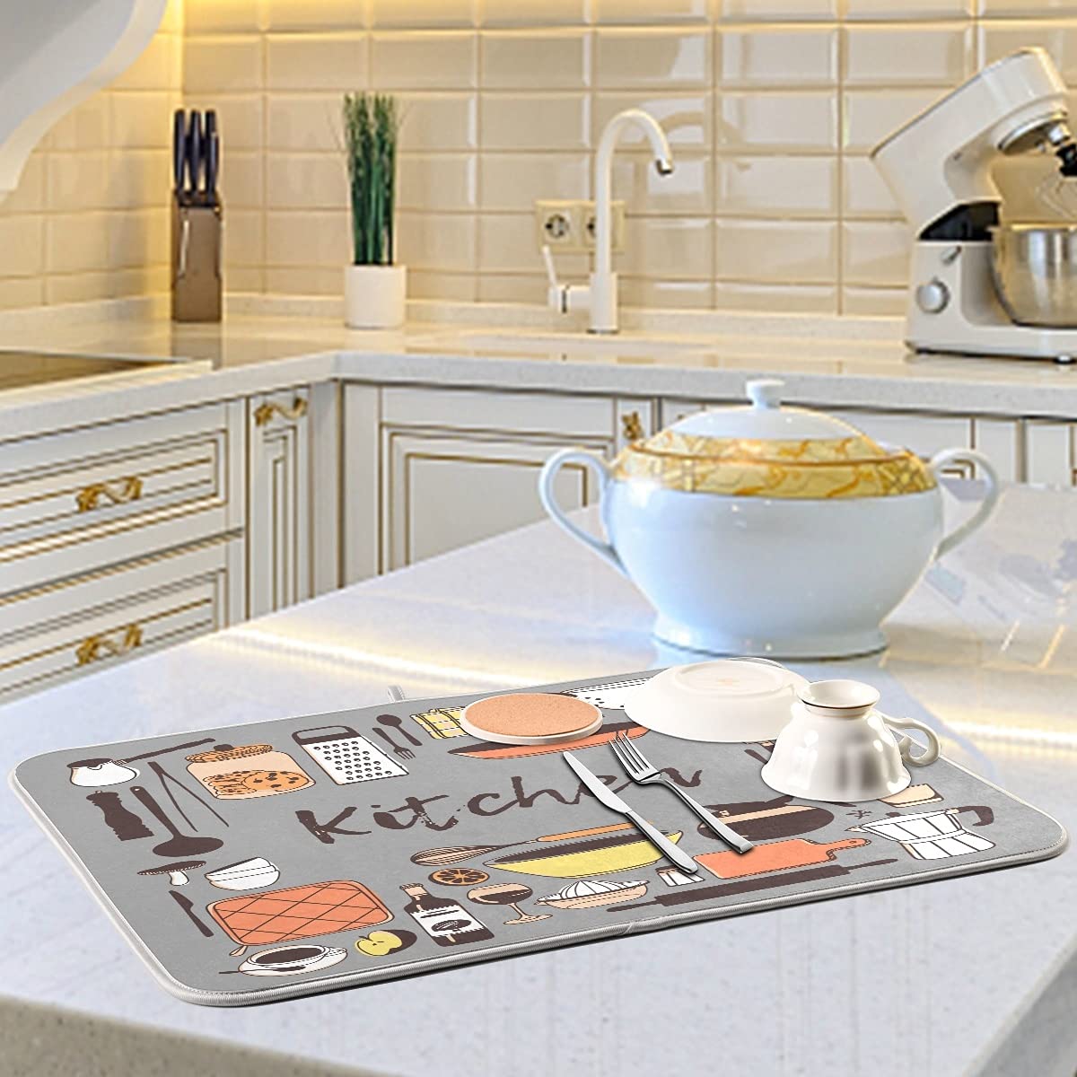 Microfiber Dish Drying Mat 18x24 - Grey Reversible for Kitchen Counter | Fast Absorbent Dishes Pad for Drain Rack & Counter Protection