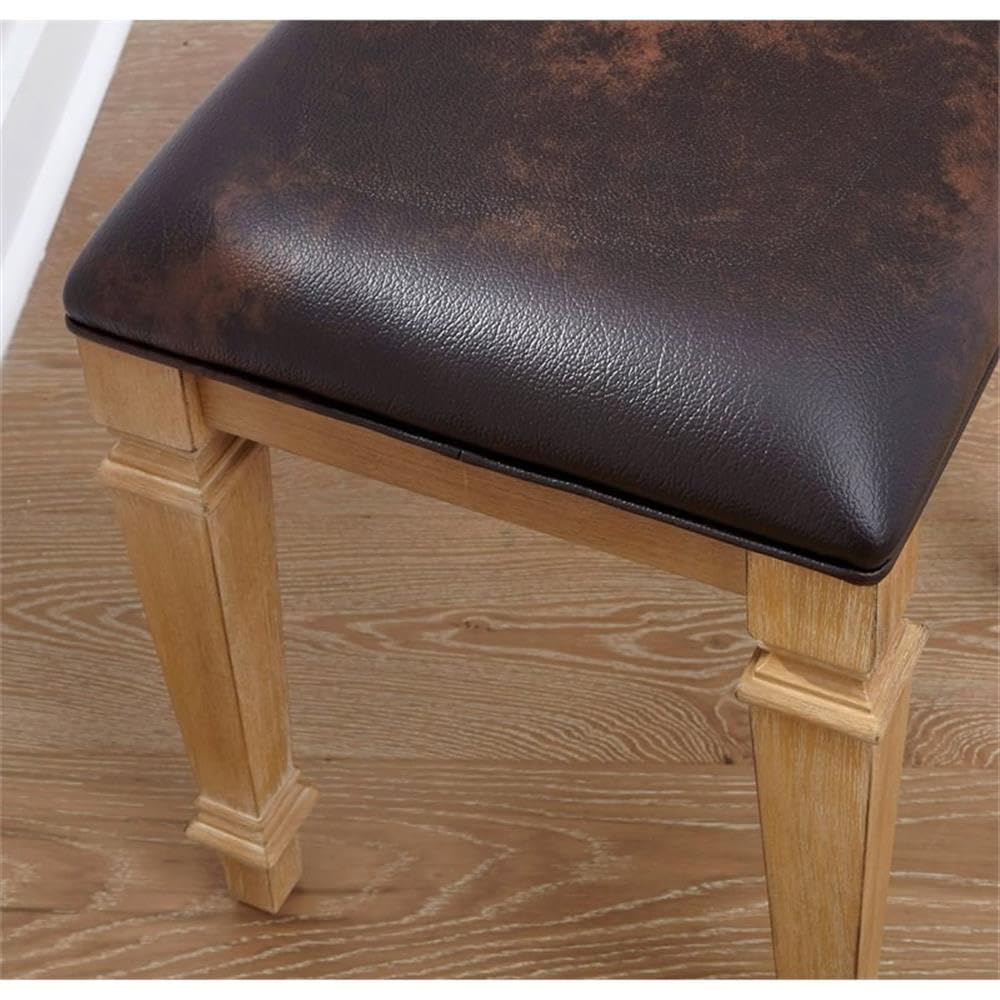 BOWERY HILL Traditional Brown Wood Vanity Bench with Upholstered Seat - Perfect for Bedroom, Dressing Table, and Makeup Area - Solid Wood Vanity Stool for Women