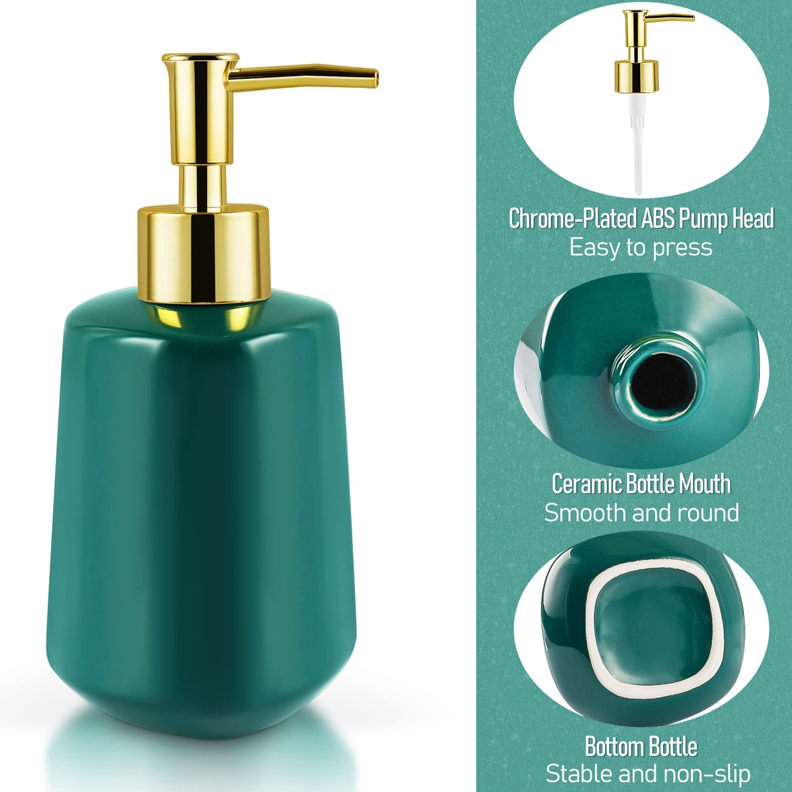 Ceramic Soap Dispenser for Kitchen & Bathroom - Refillable Dish Soap Dispenser, Hand Soap Bottle with Pump for Liquid Soap, Essential Oils & Lotion - Elegant Dark Green Home Decor for Sink Countertop & Vanity