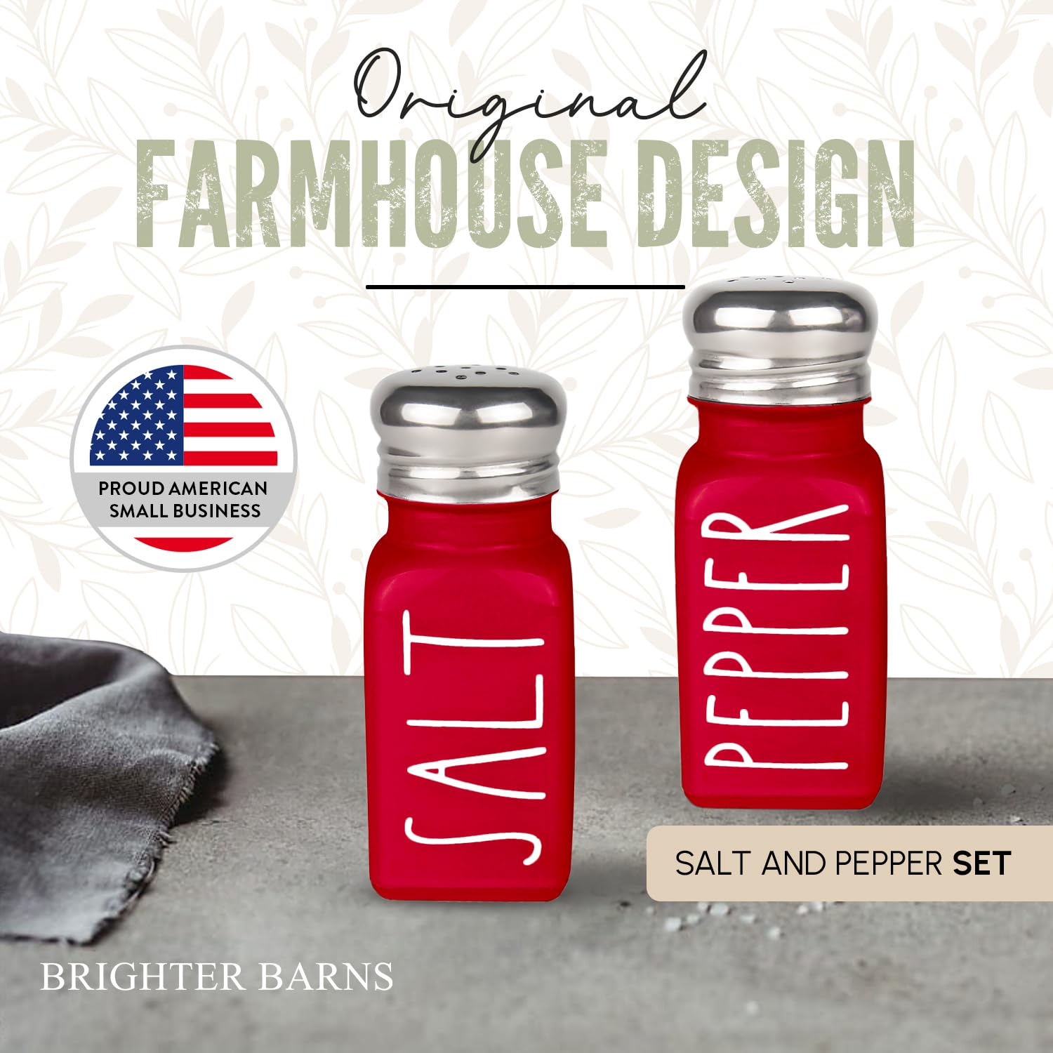 Brighter Barns Red Salt and Pepper Shakers Set - Farmhouse Style Glass Shakers with Stainless Steel Lids - Perfect for Kitchen, Dining Table & Gift Giving