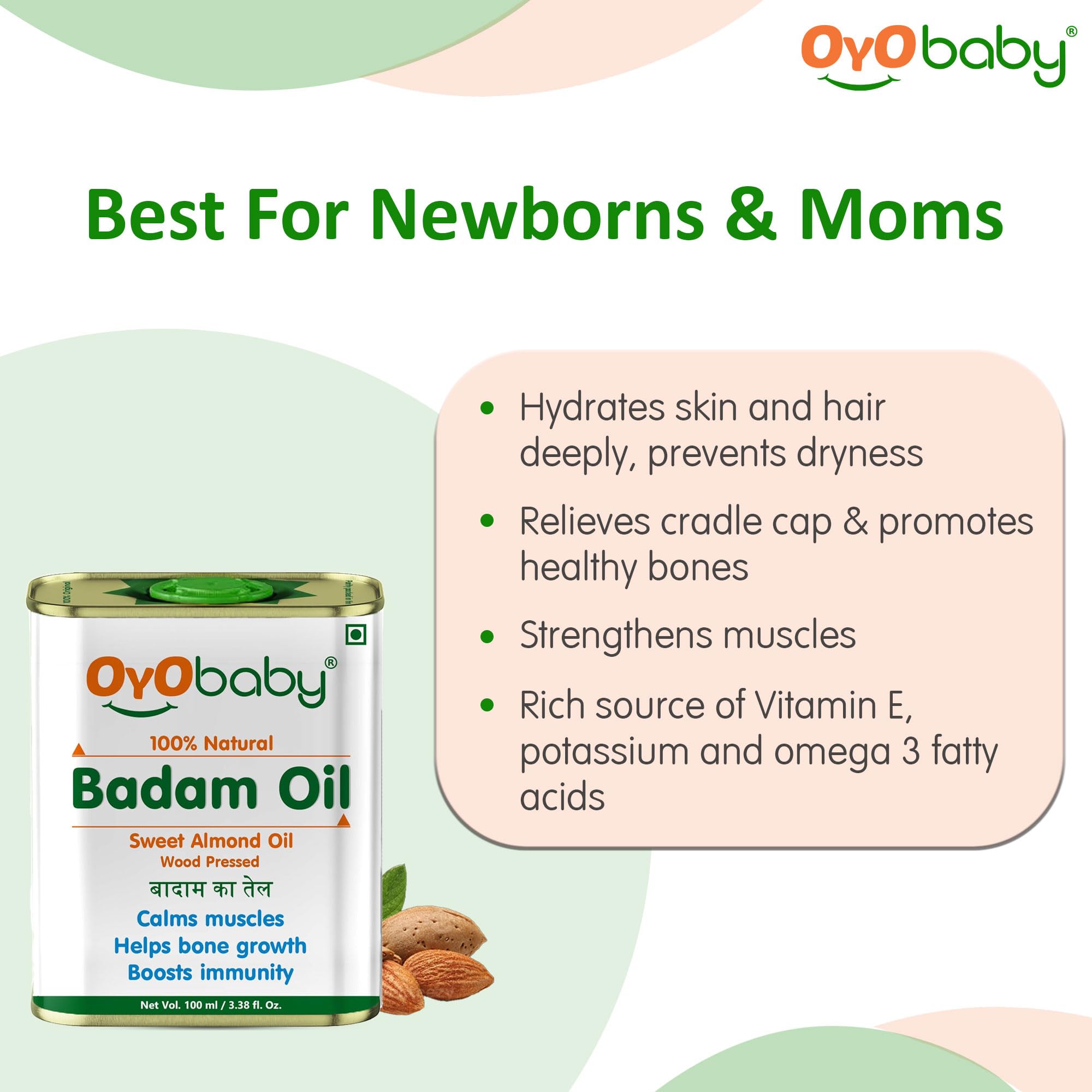 OYO BABY 100% Pure & Natural Almond Massage Oil for Babies - 100ml | Promotes Faster Physical Growth, Stronger Bones & Muscles | Cold Pressed Baby Hair Oil | Ideal for Infant Massage, Skin Hydration & Hair Care