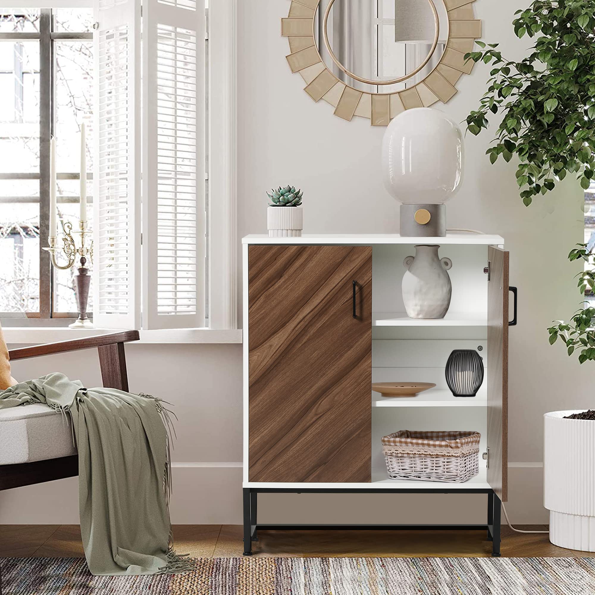 ALPHA HOME Wooden Accent Cabinet with Doors - Farmhouse Style Buffet Storage Cabinet for Kitchen, Dining Room & Living Room - Distressed Finish in Brown/White - 28.9 x 12.5 x 35.2 Inches - Perfect for Organizing Dishes, Linens & Home Decor
