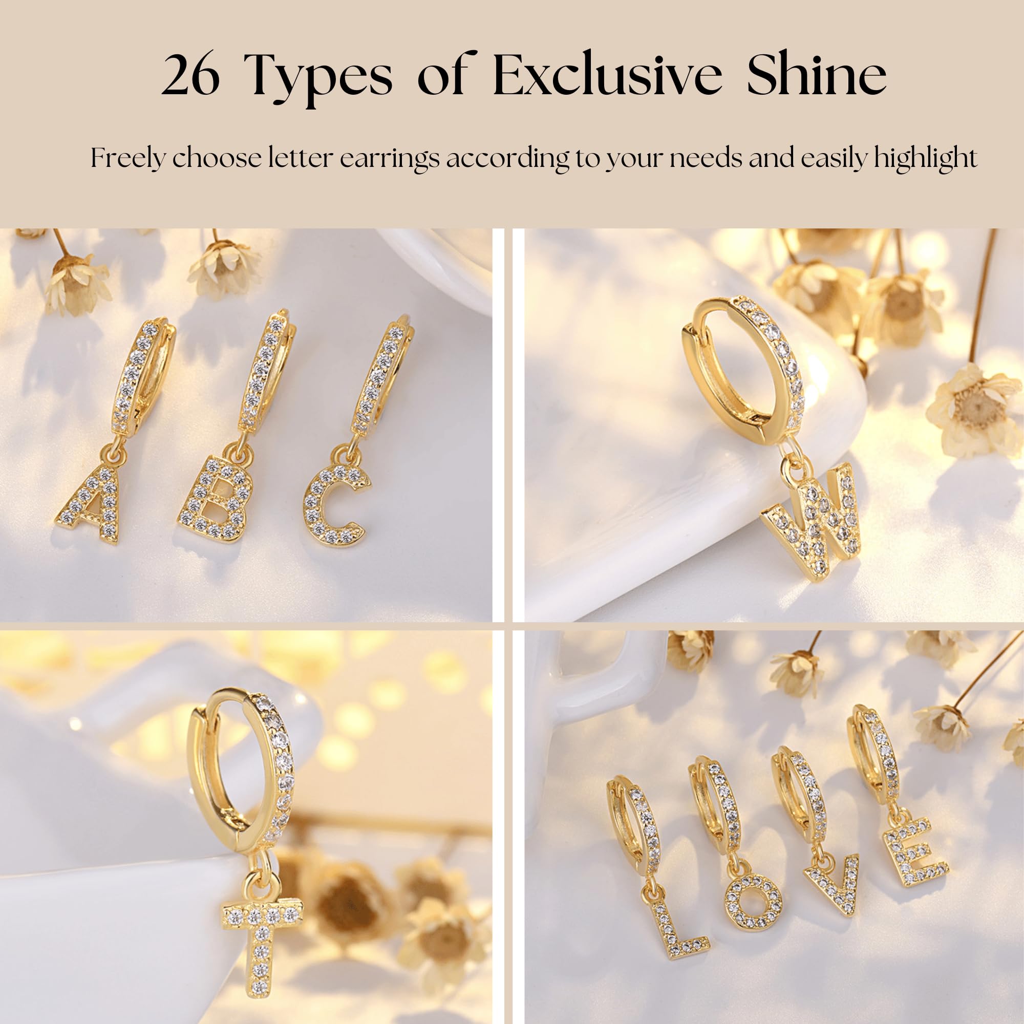 SANNYRA Initial Hoop Earrings for Women - 14K Gold, Silver & Rose Gold Plated CZ Letter Stud Earrings | Hypoallergenic, Dainty Jewelry Gift for Her | Perfect for Everyday Wear, Date Nights & Special Occasions