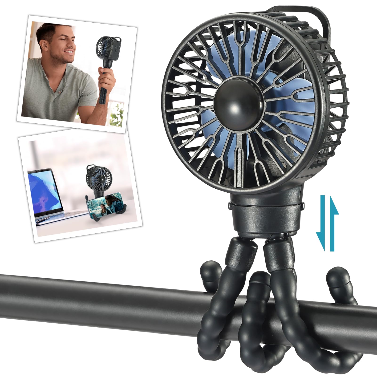 Snawowo Mini Portable Stroller Fan - 3 Speed Rechargeable Battery Operated Handheld Fan with Flexible Tripod & Clip | Perfect for Baby Stroller, Car Seat, Crib, Treadmill, Travel & Camping | Black