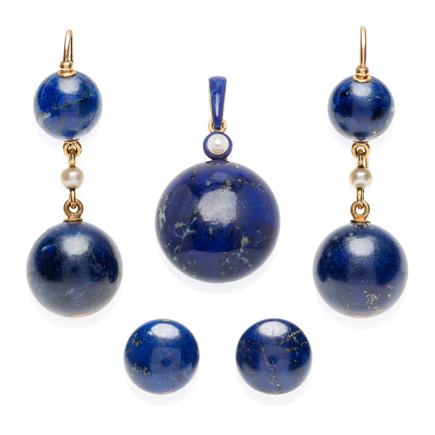Exquisite Victorian Style 18K Gold Pearl Enamel & Carved Lapis Lazuli Jewelry Set - Earrings, Pendant & Buttons for Weddings, Parties & Special Occasions