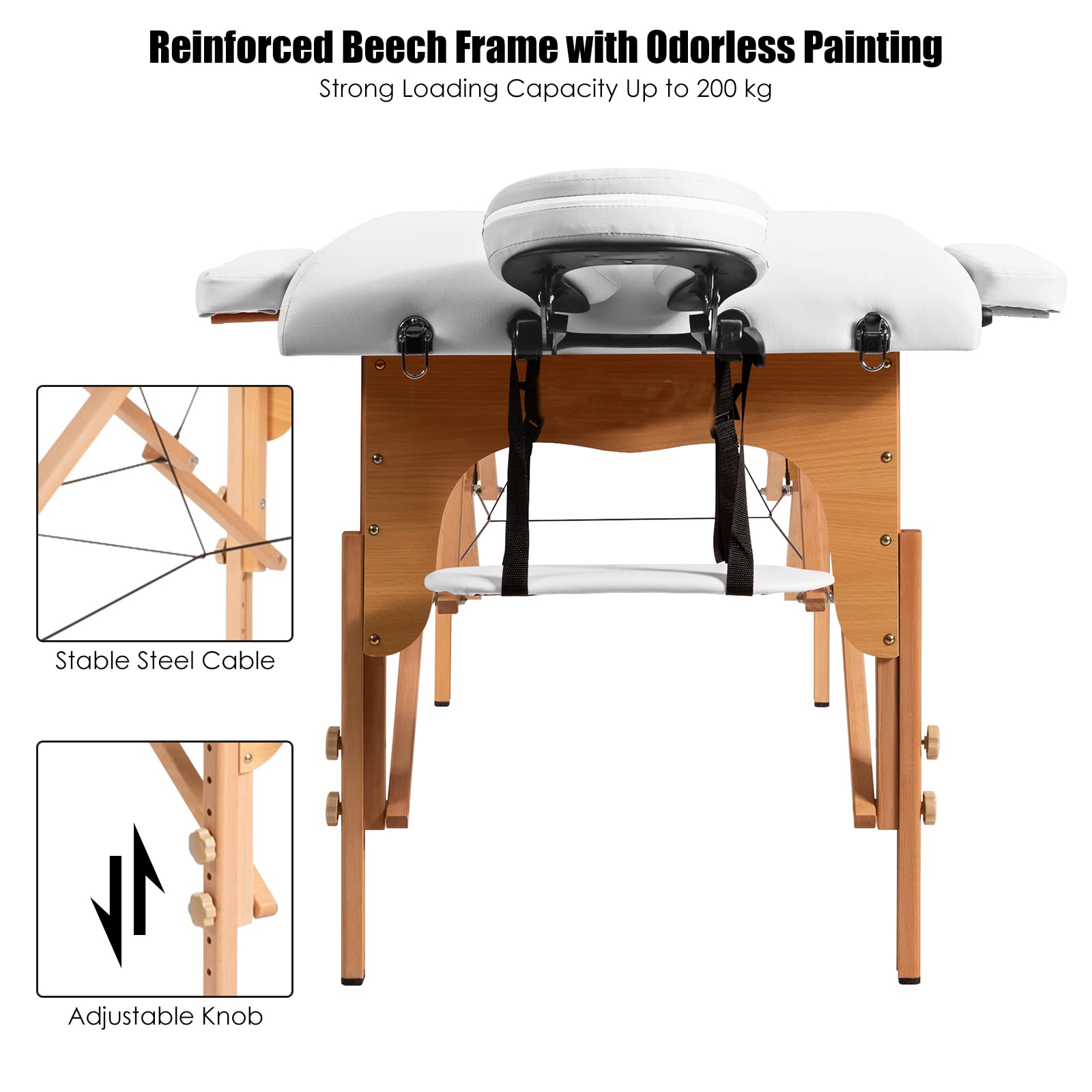COSTWAY Portable Folding Massage Table - Adjustable Height Massage Bed with Face Cradle, Arm Rest & Carrying Case - 2-Section Salon Spa Table for Tattoo, Beauty, Therapy & Lash Extensions (White, 84