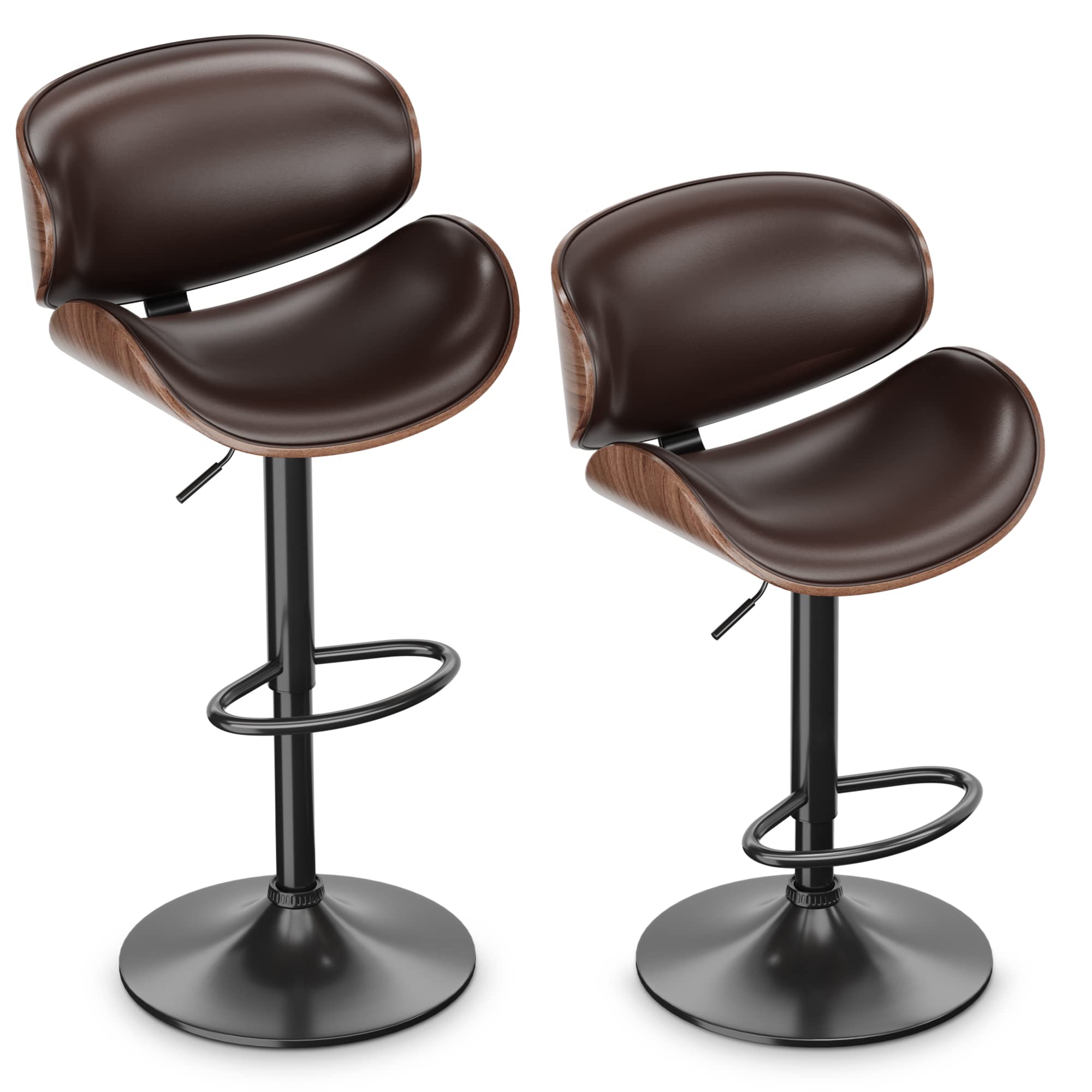 ONME Bar Stools Set of 2 - Adjustable Height Swivel Bar Stools with PU Leather Upholstery, Back Support & Footrest - Modern Bentwood Counter Stools for Kitchen Island, Home Bar & Dining Room - Perfect for Entertaining & Casual Dining (Brown)