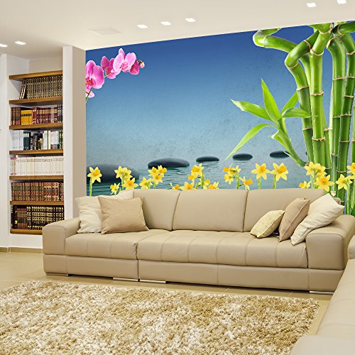 Orchid and Daffodil Flowers on a Blue Background