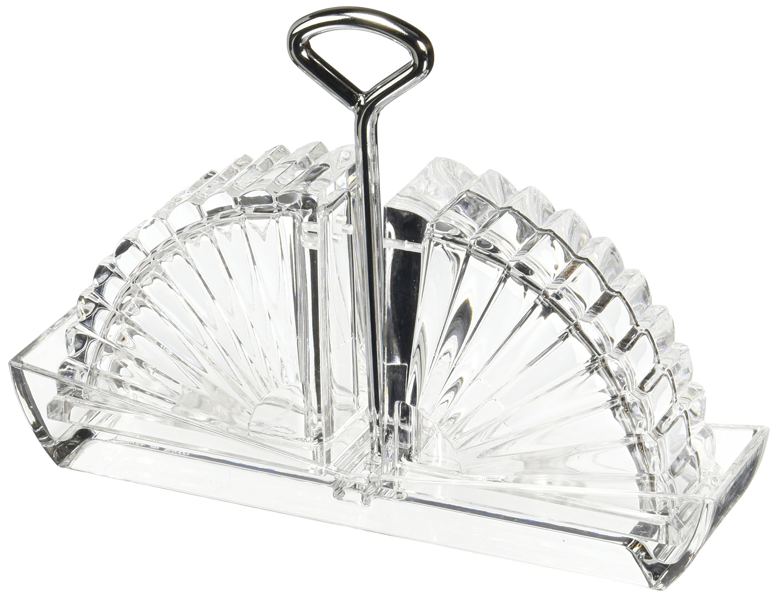 Prodyne Acrylic Fan-Shaped Salt and Pepper Shaker Set with Caddy - 3-Piece Clear Kitchen Seasoning Containers for Dining Table, Restaurant, or Home Decor