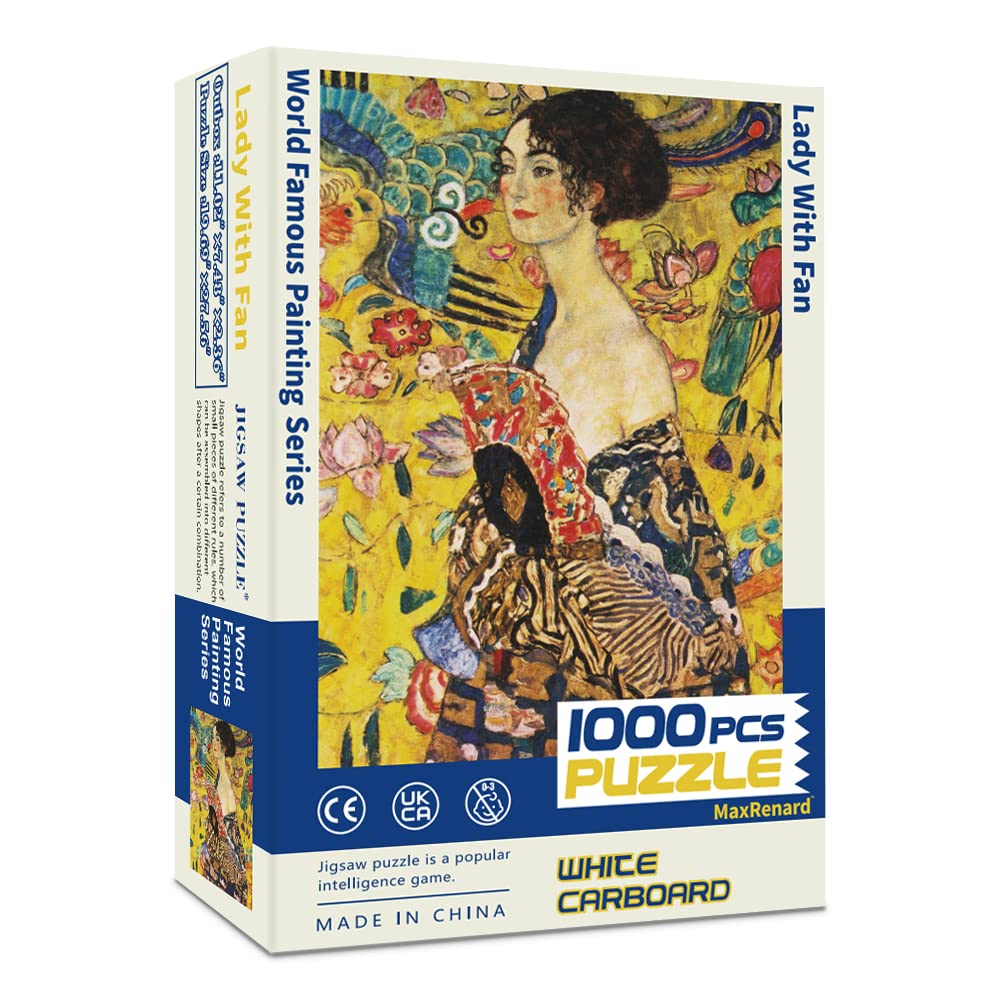 1000-Piece Jigsaw Puzzle - Klimt's Lady with Fan Fine Art Collection | Adult Puzzle Game with Glue Sheets | Perfect for Family Bonding, Stress Relief & Home Decor