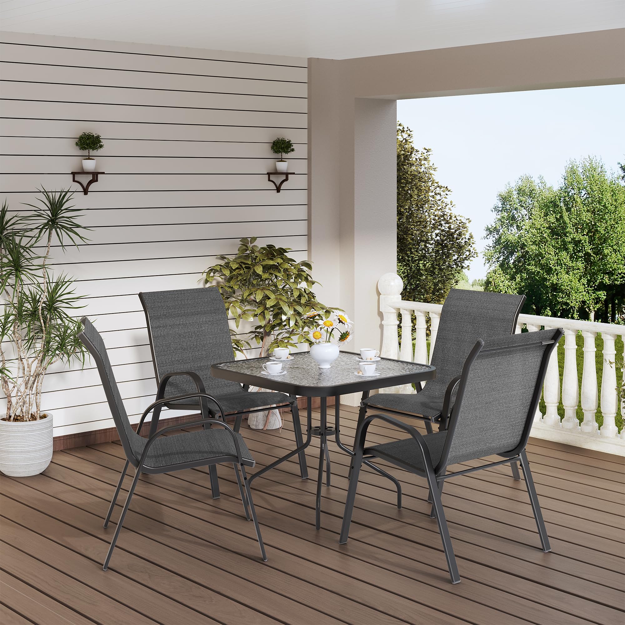 UDPATIO 5-Piece Patio Dining Set with Outdoor Chairs & Square Table - Breathable Fabric & Alloy Steel Frame for Backyard, Porch, Garden, Poolside (Black) | Perfect for Outdoor Entertaining & Relaxation