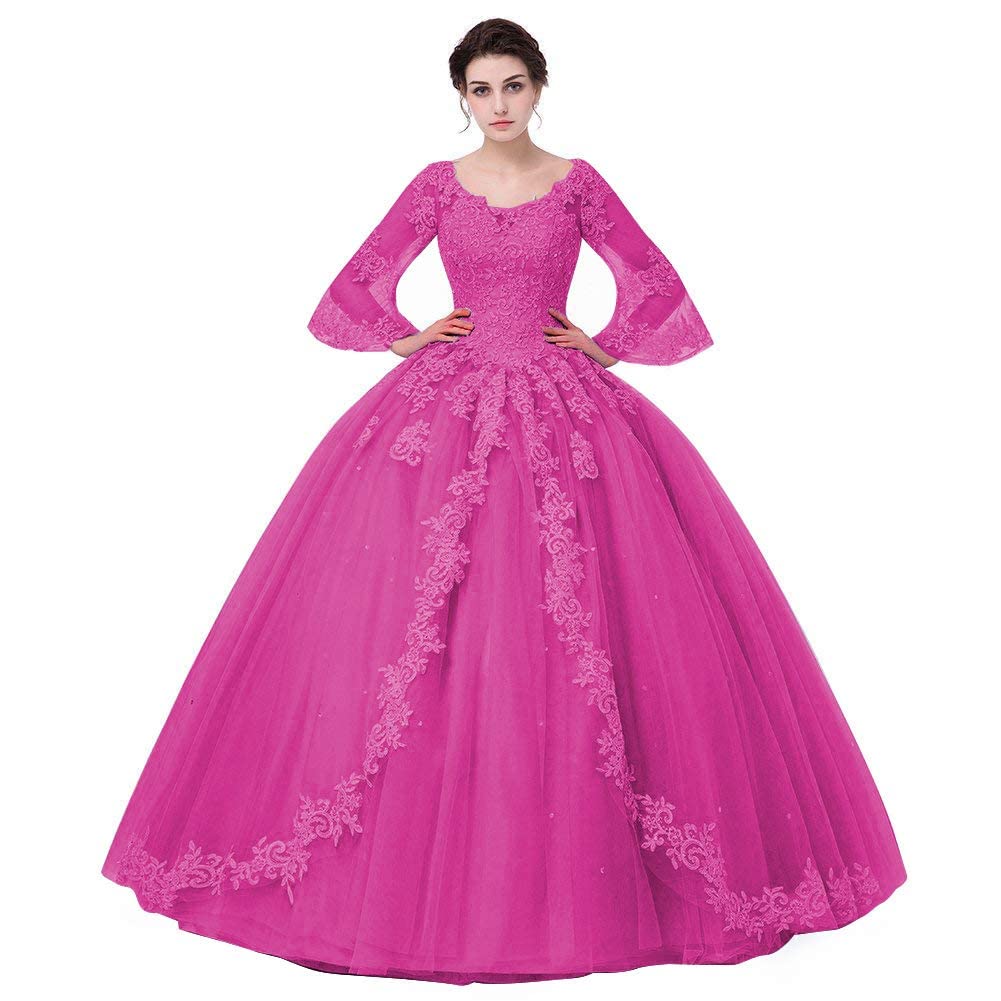 Elegant Lace Appliques Quinceanera Dresses | Ball Gown with Long Sleeves | Tulle Prom Dress for Sweet 16, Debutante, Homecoming & Formal Events