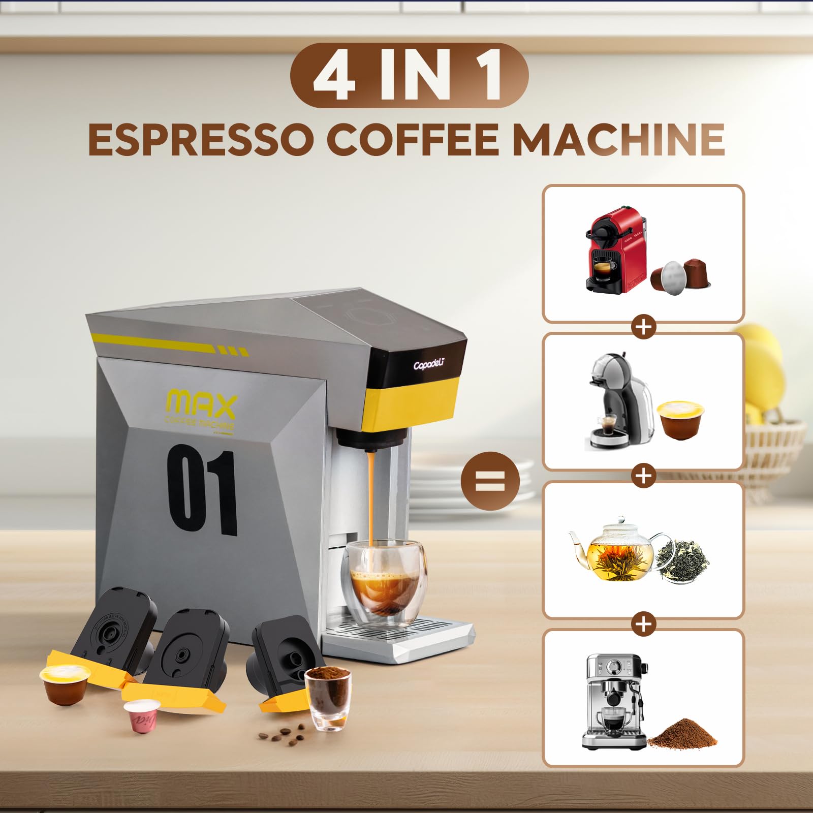 4-in-1 Single Serve Coffee Maker - Mini Espresso Machine Compatible with Nespresso Original/K-Cups/Dolce Gusto/Ground Coffee - 19 Bar Pressure for Rich Brew - Perfect for Home & Office Use (Grey) - Enjoy Cafe-Quality Coffee Anytime at Home or Work