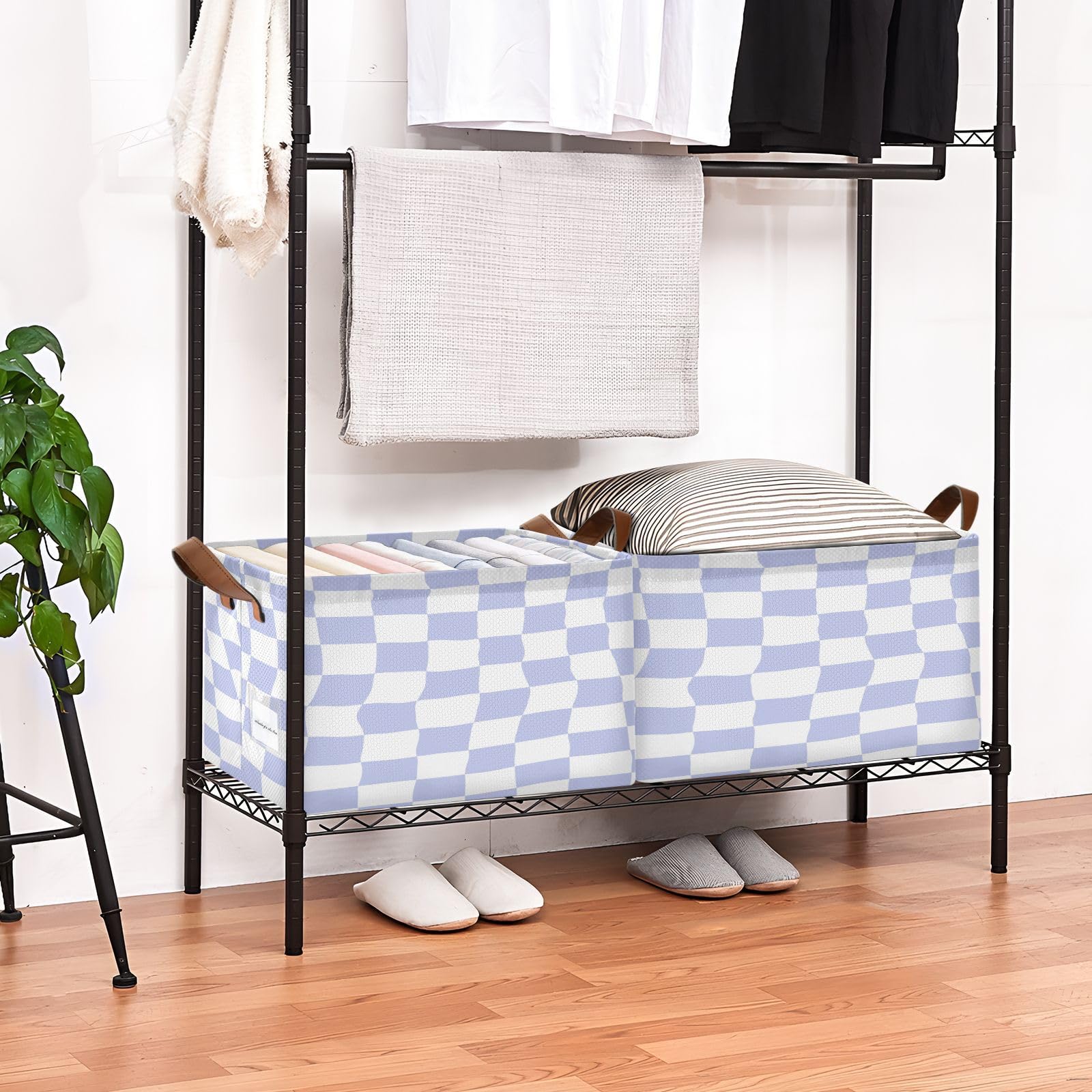 Purple Plaid Under Bed Storage Bins - Foldable Collapsible Storage Basket with Handles & Metal Frame - Closet Cabinet Organizer (2 Pack) - Perfect for Seasonal Clothes, Blankets & Toy Storage