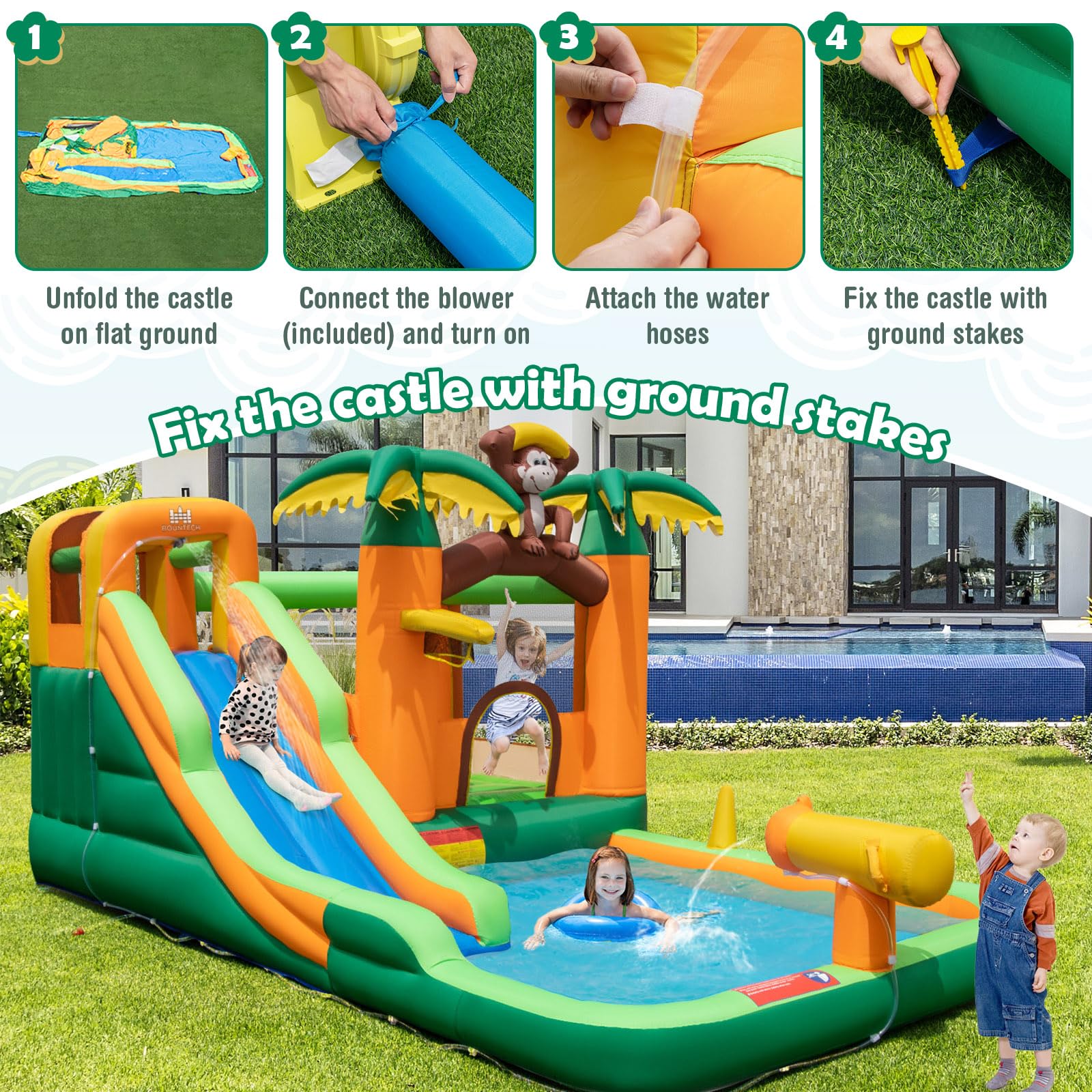 BOUNTECH Inflatable Water Slide with Splash Pool - Jungle Monkey Bounce House for Kids Outdoor Play, 680W Blower Included | Perfect for Backyard Parties, Summer Fun, and Birthday Gifts | Durable Water Slides Inflatables for Big Kids and Family Gatherings