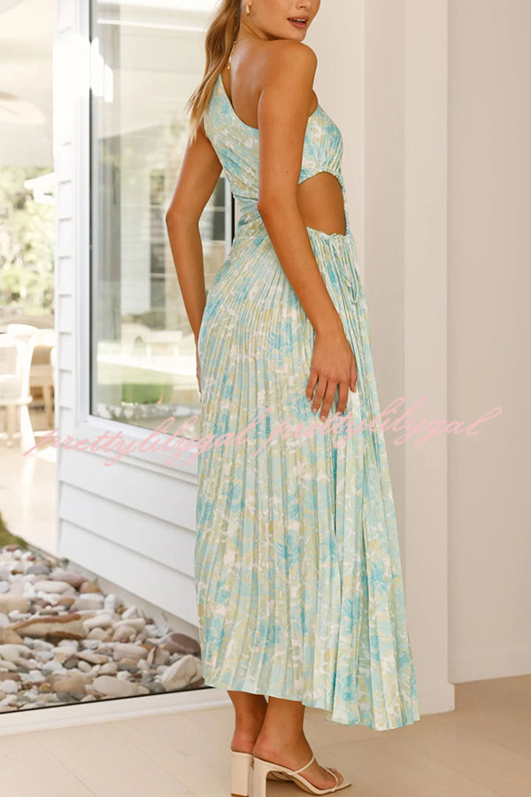 Laken Floral Print One Shoulder Adjustable Tie Cutout Pleated Maxi Dress for Women - Elegant Summer Beach Wedding Party Dress