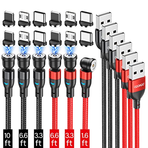 ODDADD 6-Pack Magnetic Charging Cable Set [1.6ft/3.3ft/6.6ft/10ft] - 540° Rotating 3-in-1 Fast Charger with LED Indicator & Nylon Braiding - Compatible with iPhone, Android, Micro USB & Type C - Perfect for Home, Office, Car & Travel Charging