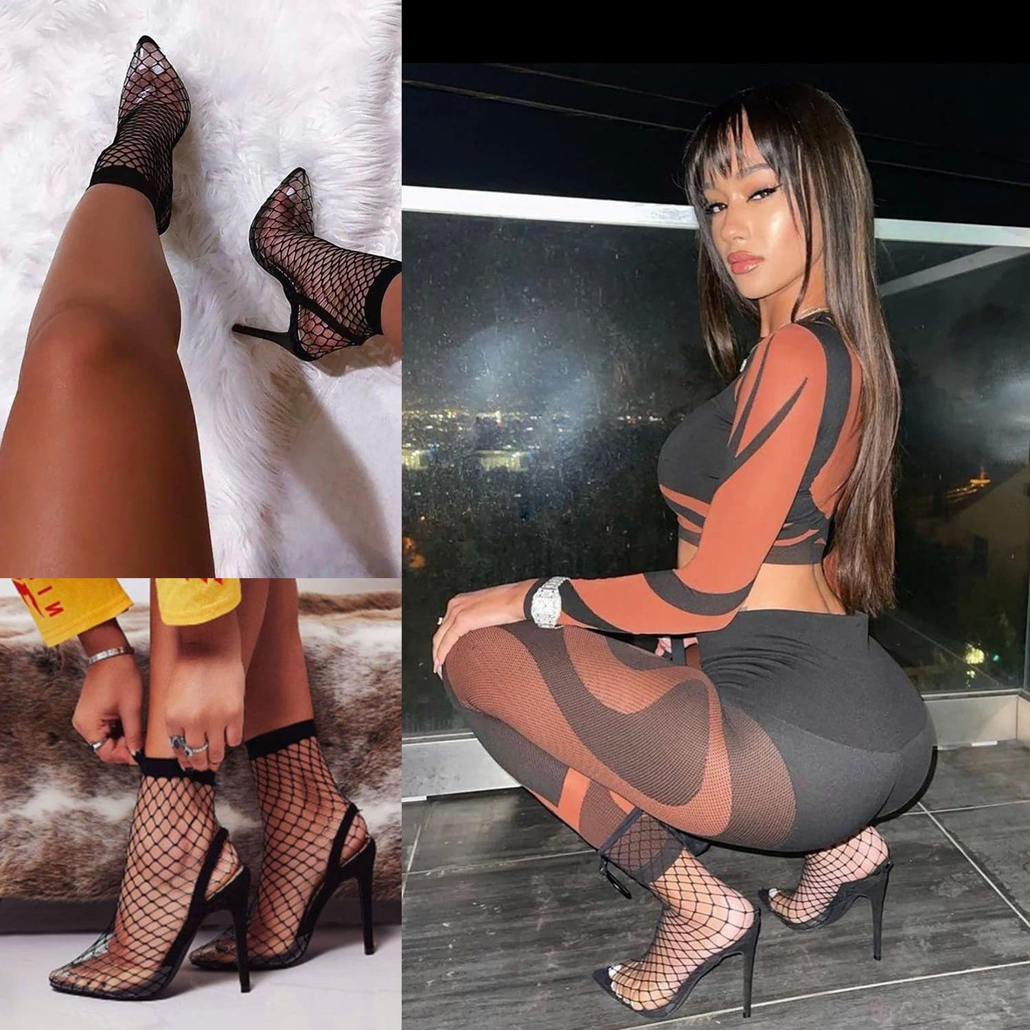 Ruxia Women's Fishnet Ankle Socks - 5 Pairs Pack, Hollow Out Dress Socks, High Nylon Stockings in Multiple Colors - Perfect for Parties, Cosplay & Fashion Outfits
