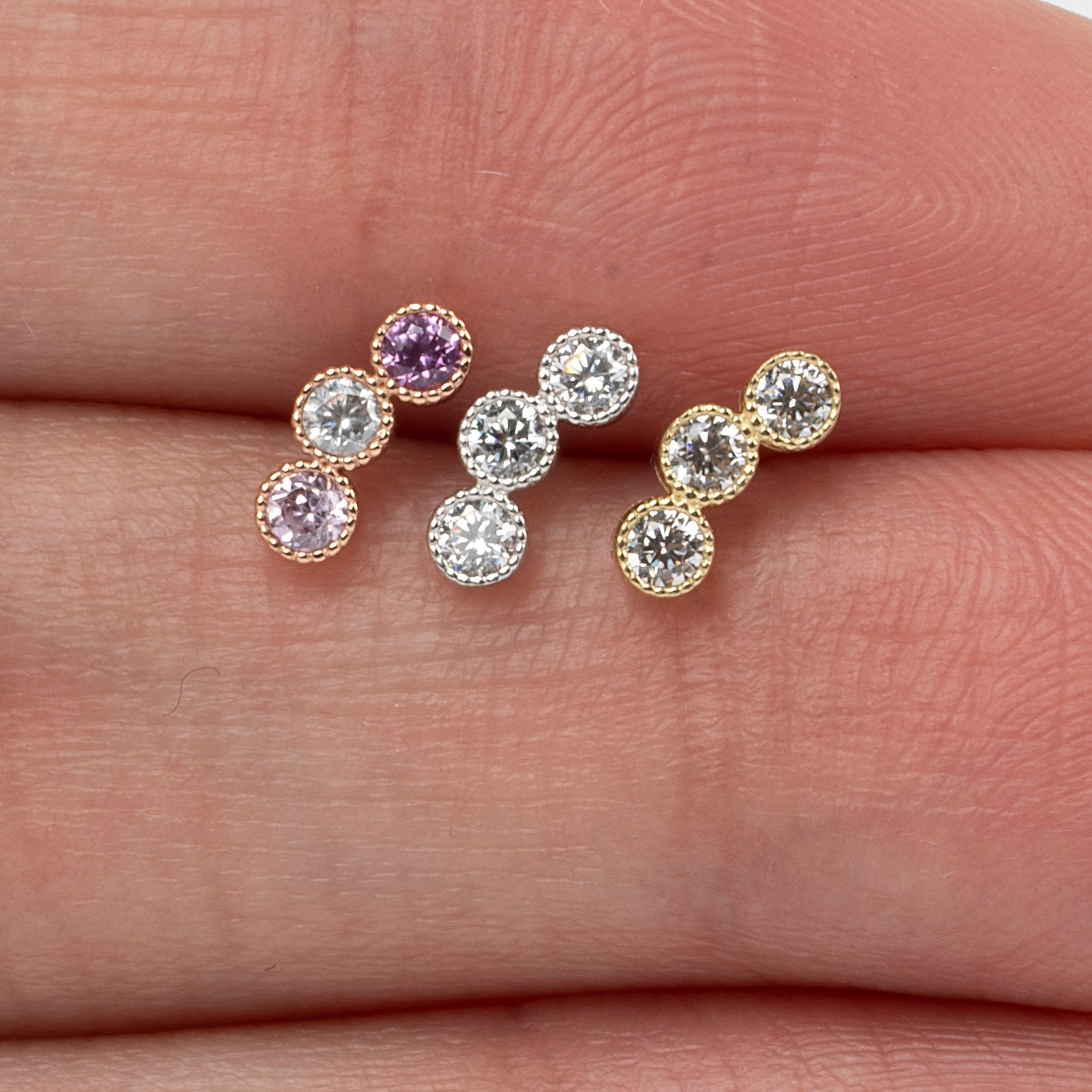 14K White Gold Graduated Gemstone Flat Back Stud Earrings with Milgrain Detail - Perfect for Weddings, Parties & Special Occasions