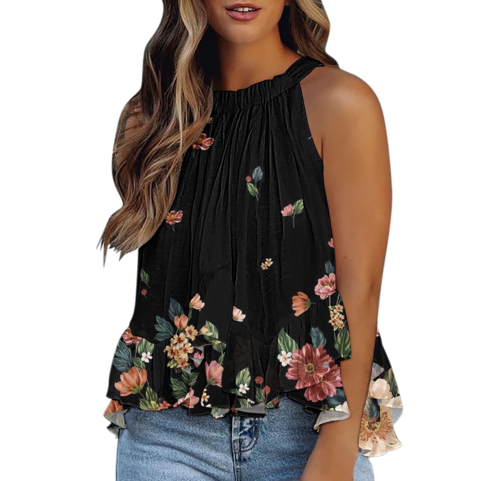 Women's Floral Print Sleeveless Camisole Top - Elegant Pleated Tank Blouse for Summer | Casual Wear, Beach Cover-Up, Layering Piece