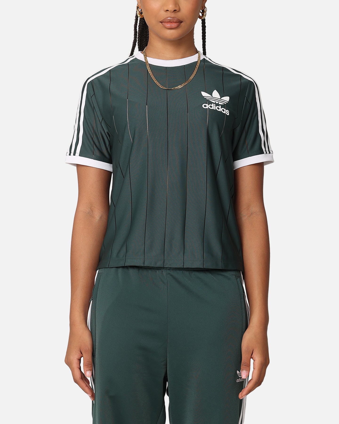 Adidas Women's 3 Stripes Pinstripe T-Shirt - Mineral Green Athletic Top for Running, Gym & Casual Wear