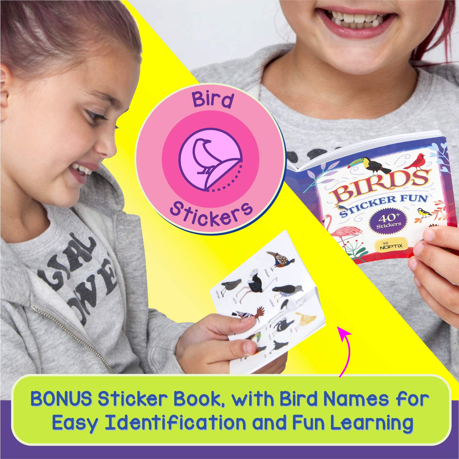 Kids Binoculars for Outdoor Exploration - Real Binoculars for Boys & Girls in Vibrant Pink/Blue - Includes 40-Species Bird Sticker Book - Perfect for Bird Watching, Hiking, Camping & Nature Adventures
