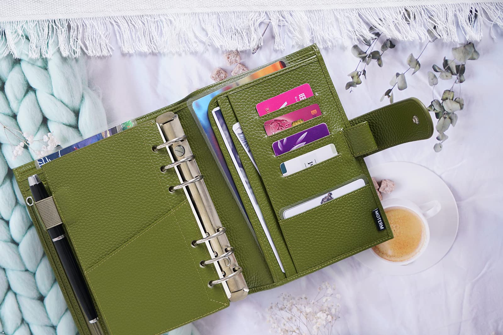 Moterm Personal Luxe Rings Planner - Genuine Leather Binder Organizer with 30mm Rings (Pebble-Olive) | Perfect for Daily Planning, Journaling & Productivity | Office, School & Home Use
