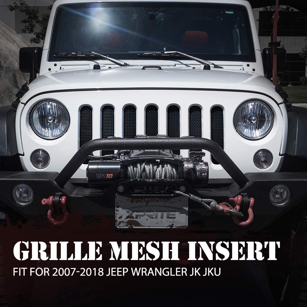 Xprite Black Aluminum Alloy Mesh Grille Insert for Jeep Wrangler JK & JKU (2007-2018) - Matte Front Hood Replacement | Off-Road Protection & Stylish Upgrade for Adventure Enthusiasts