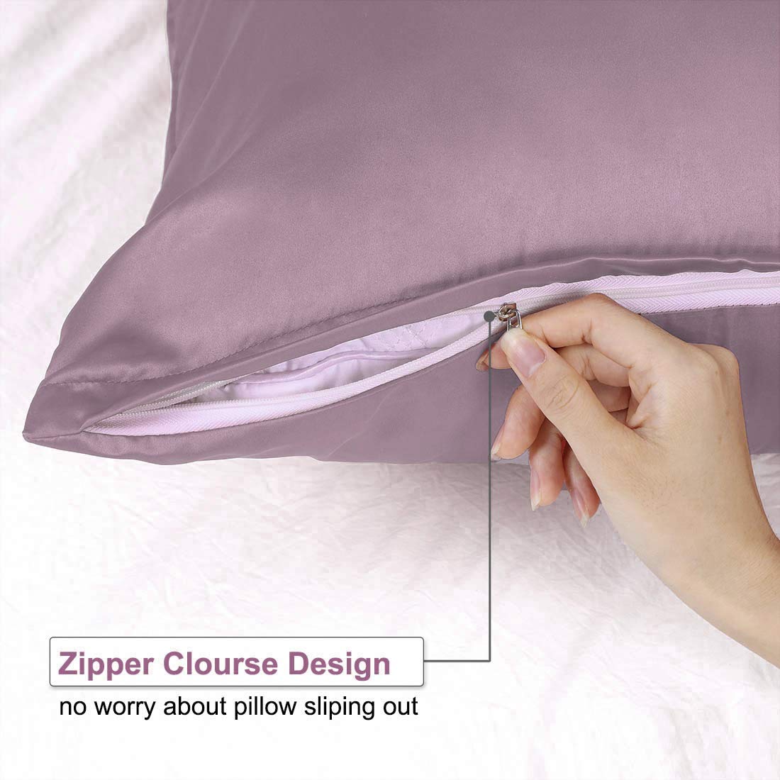 Luxury Queen Satin Pillowcase Set of 2 with Zipper - Super Soft Silky Pillow Covers 21x31 Inches in Mauve for Bedroom, Hotel, and Gift Giving
