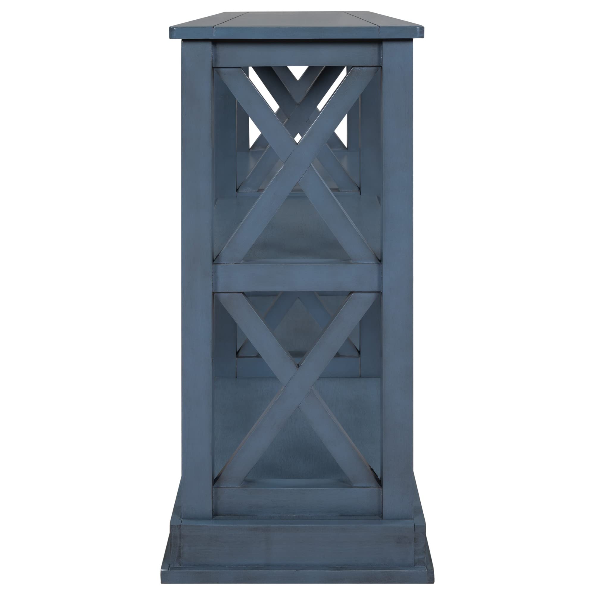 TREXM Modern Narrow Console Table with 3-Tier Open Storage & X-Shaped Legs - Sofa Table for Living Room, Entryway, Hallway - Space Saving Design for Small Apartments (Navy Blue)