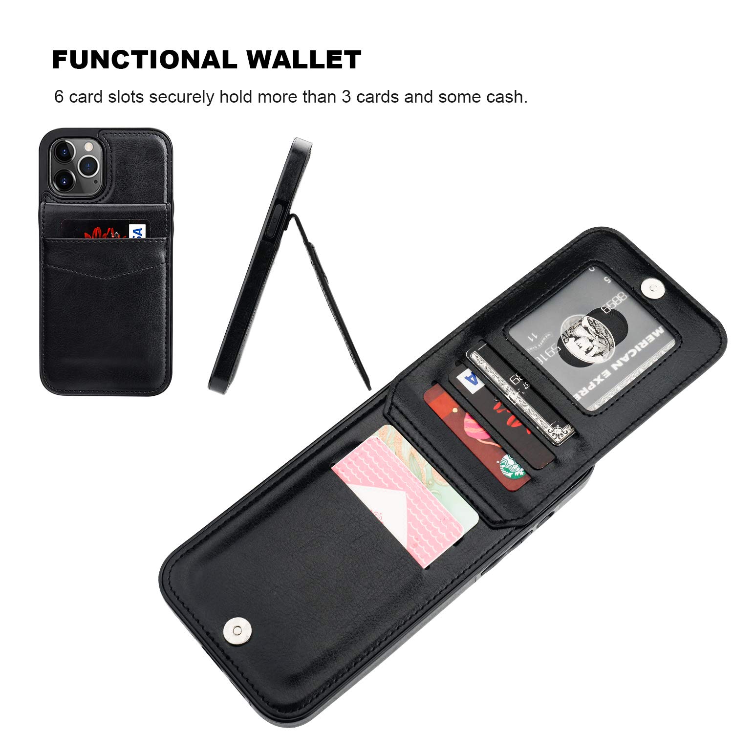 Premium Leather iPhone 12 Pro Max Case with Wallet & Credit Card Holder - Magnetic Clasp & Kickstand - Heavy Duty 6.7