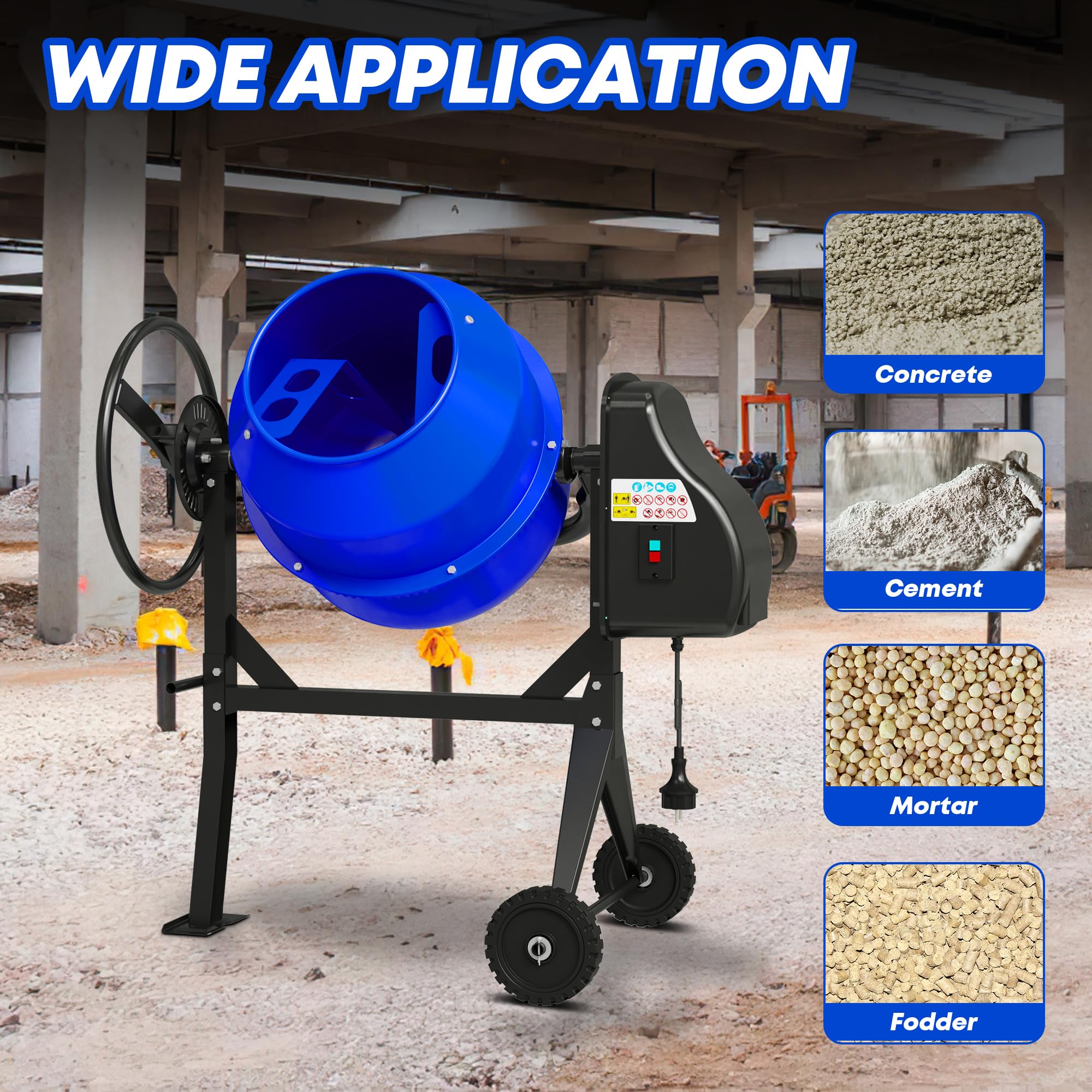 **5.3 Cu.Ft. Electric Concrete Mixer Machine - 750W (1HP) Cement Mixer with Wheels & Stand for Stucco, Mortar, DIY Projects - Perfect for Construction, Home Renovation & Landscaping**