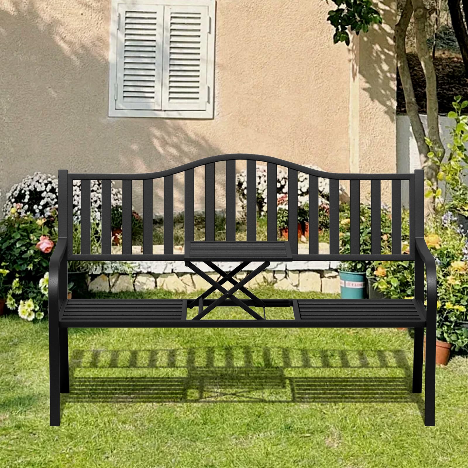 SHGJ&SOFT Outdoor Garden Bench with Small Table - Durable Cast Iron Metal Frame Patio Park Bench for Porch, Lawn, Yard & Backyard - Perfect for Relaxing, Entertaining & Outdoor Decor (D2644BK-1)