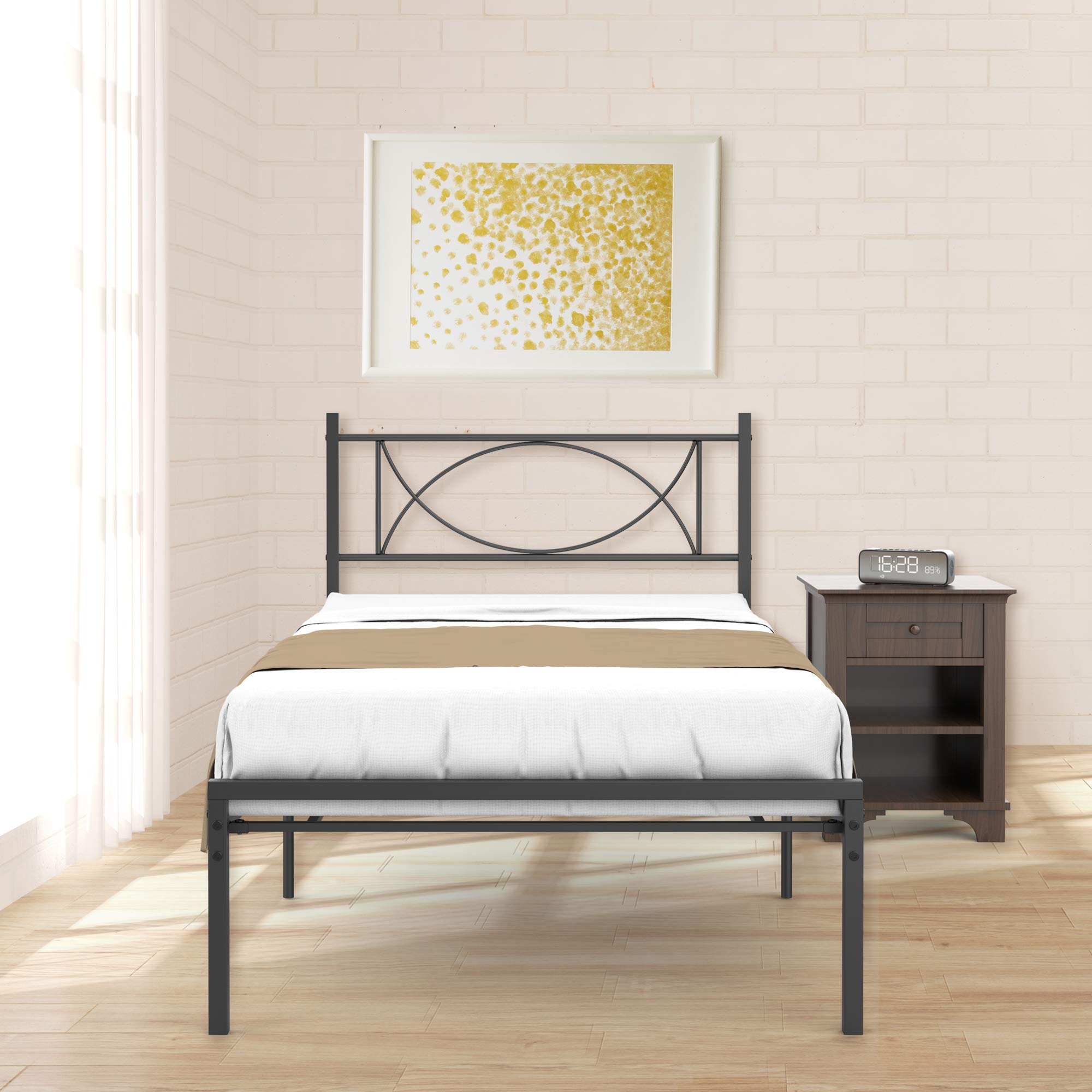 Twin Bed Frame with Headboard & Storage - No Box Spring Needed for Small Spaces